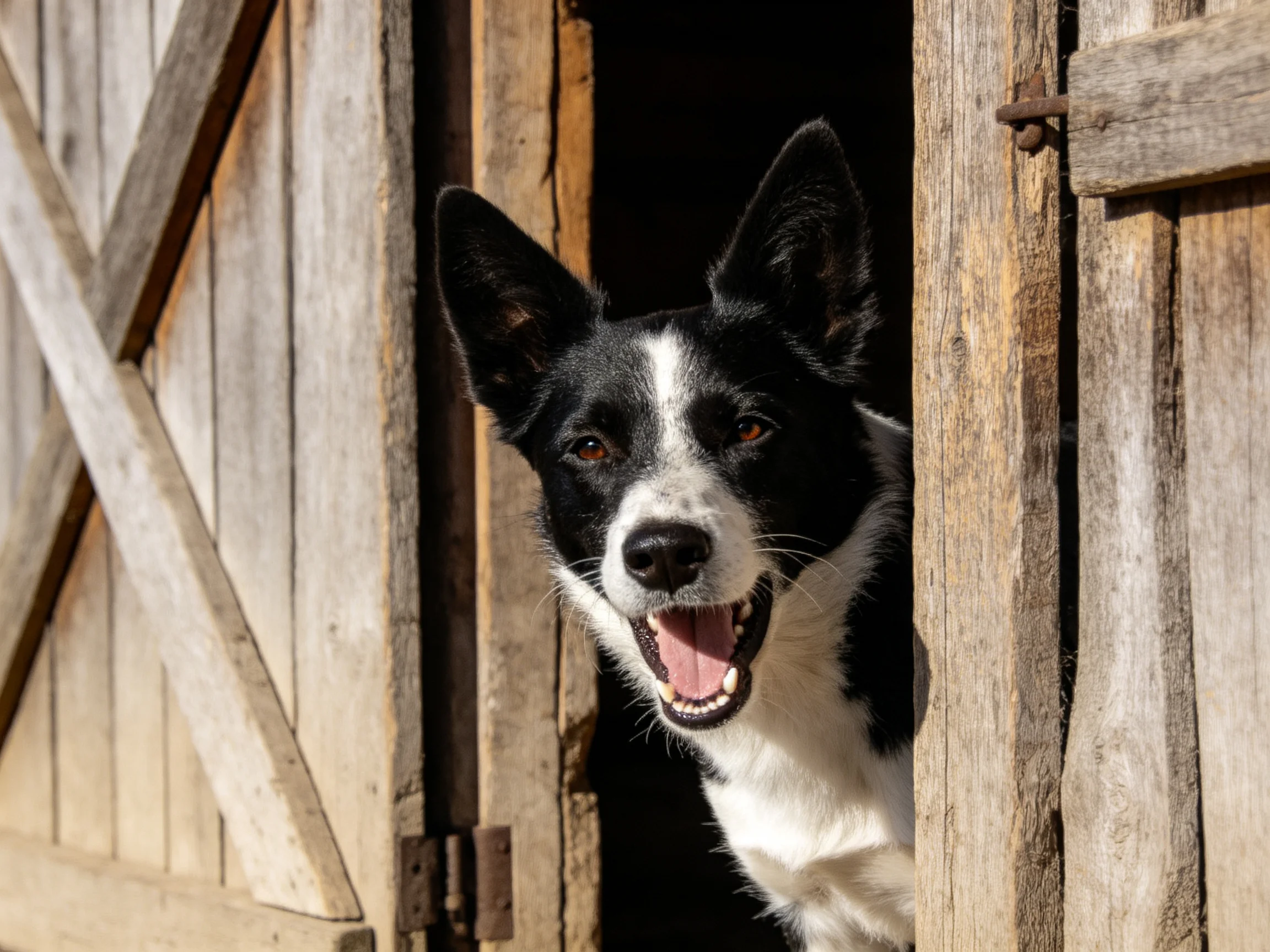 A black and white dog peeks from a weathered wooden barn doorway