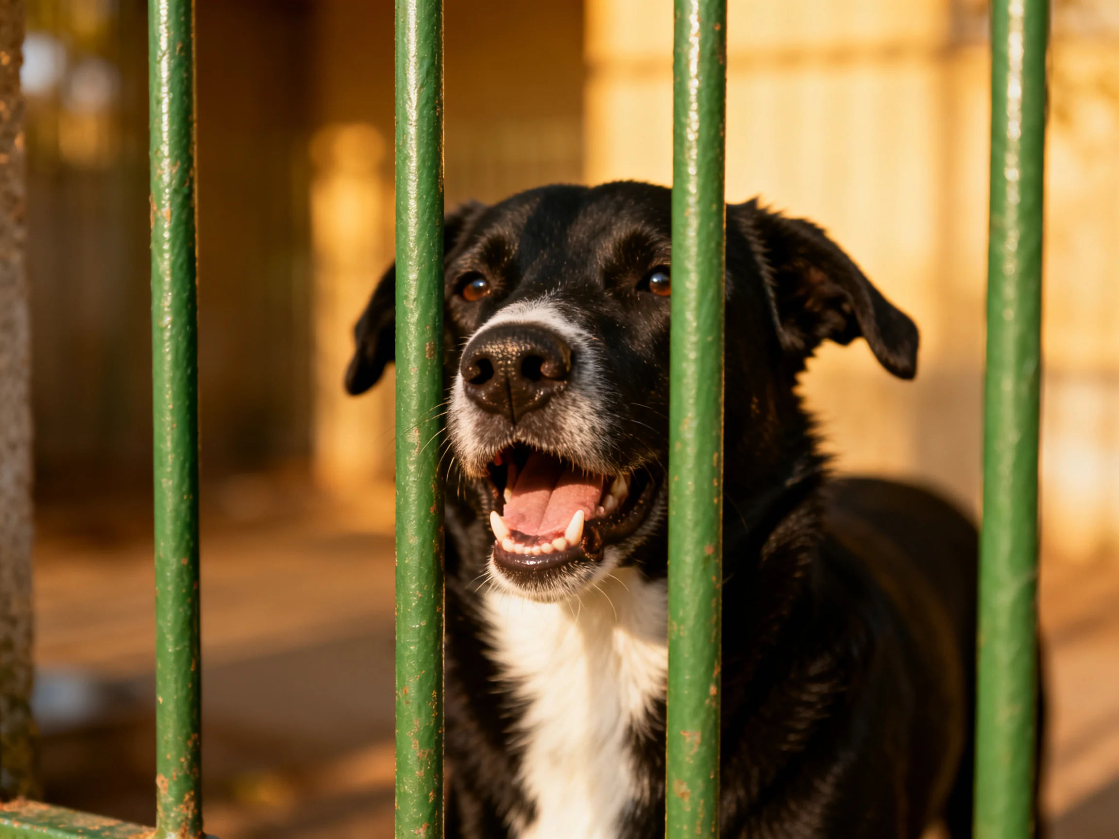 A black and white dog peers through green metal bars in warm sunlight