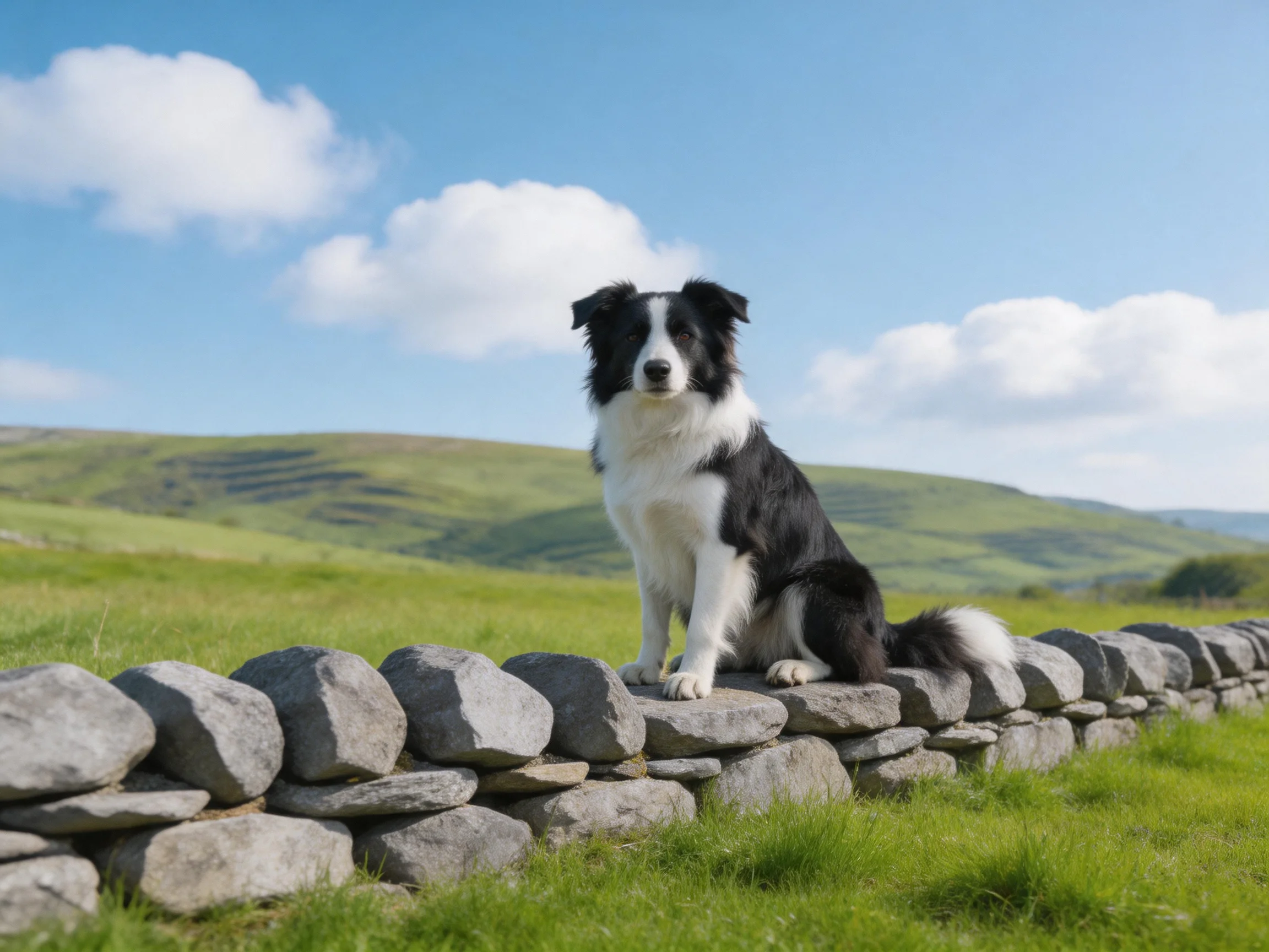 A black-and-white dog sits on a stone fence in a scenic countryside setting.
