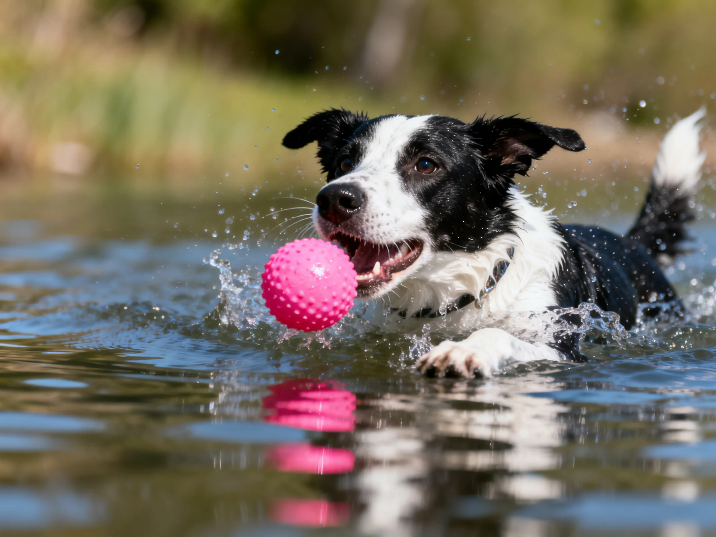A black-and-white dog plays with a bright pink ball in shallow water