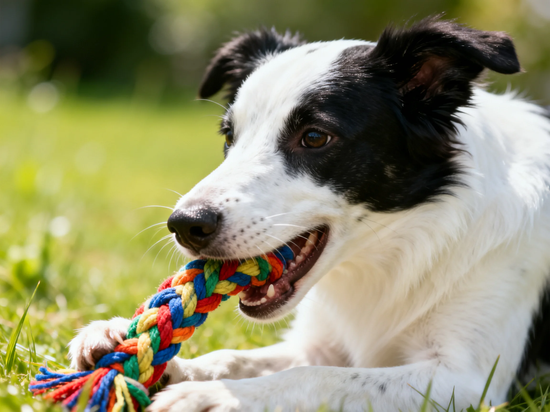 A black-and-white dog plays with a multicolored rope toy on green grass