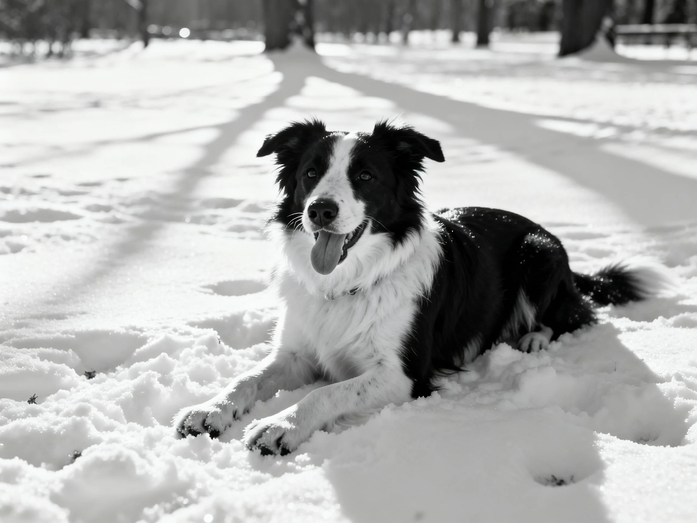 A black-and-white dog relaxes in a sun-drenched snowy landscape