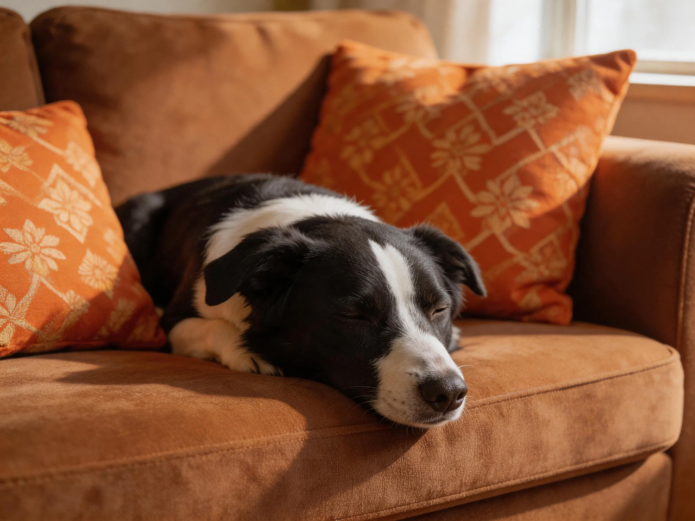 A black-and-white dog relaxes on a brown sofa with orange floral cushions