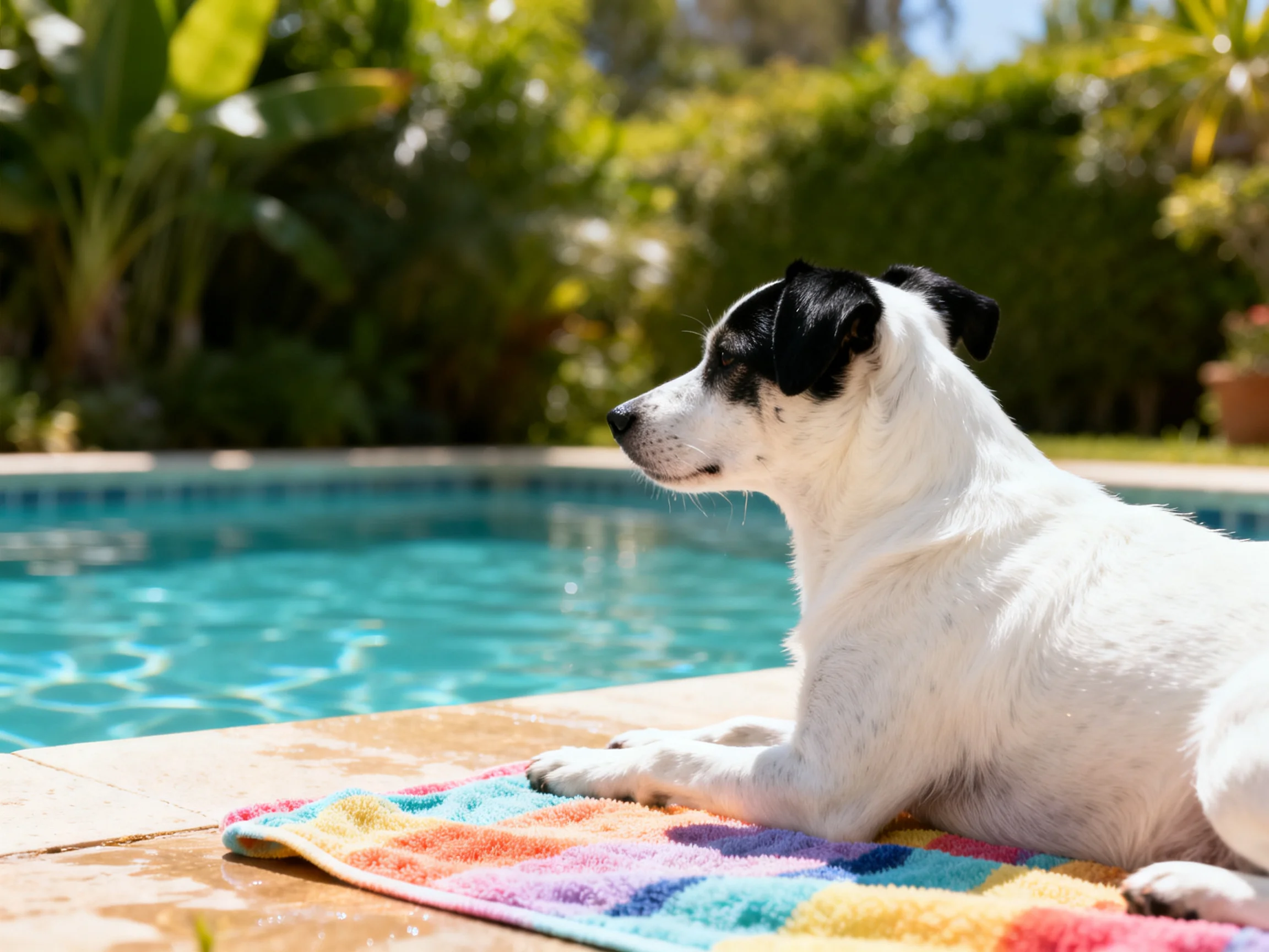 A black-and-white dog lies on a towel beside a bright swimming pool.