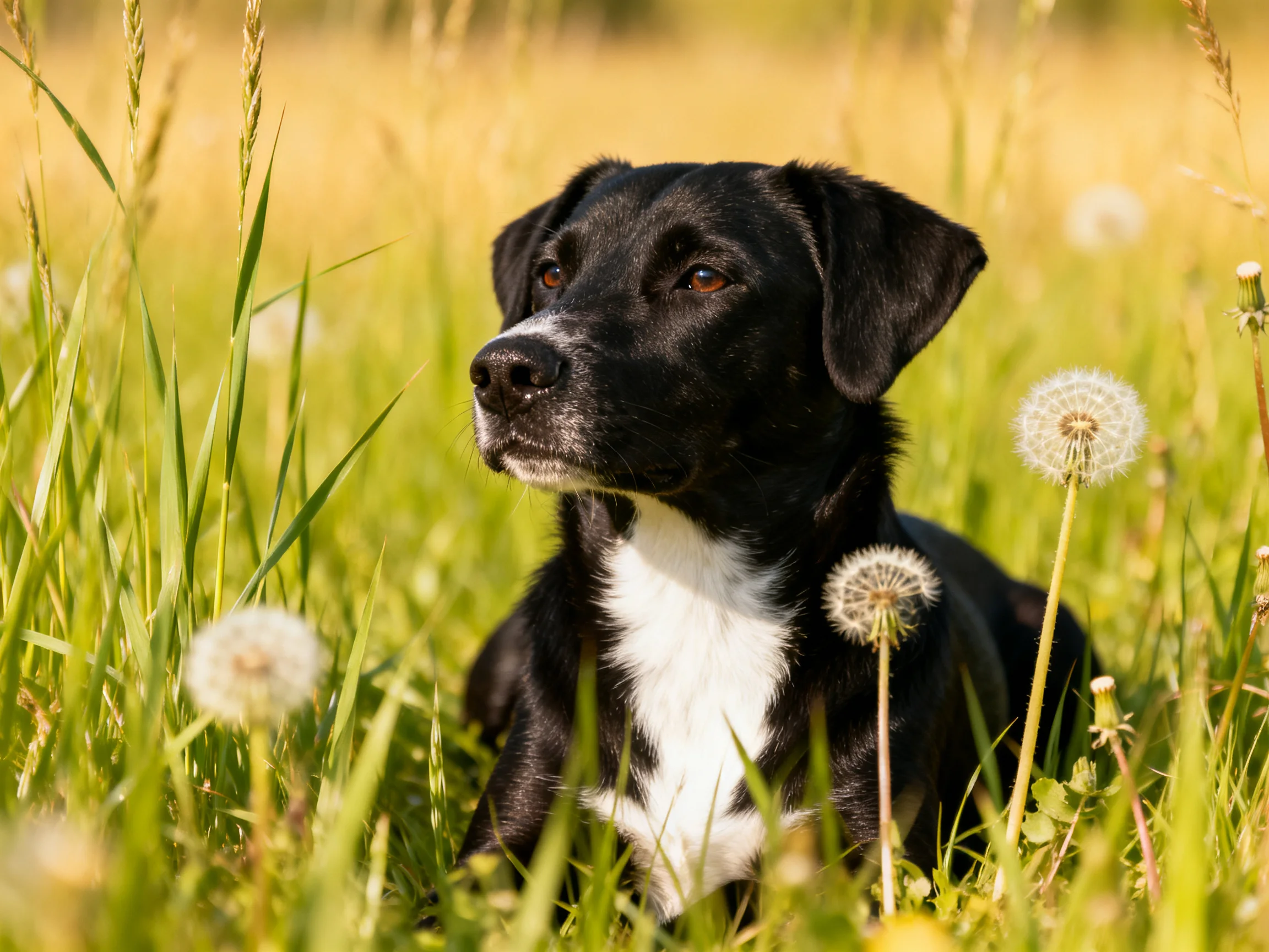 A black and white dog sits calmly in a sunlit field of tall grass and dandelions