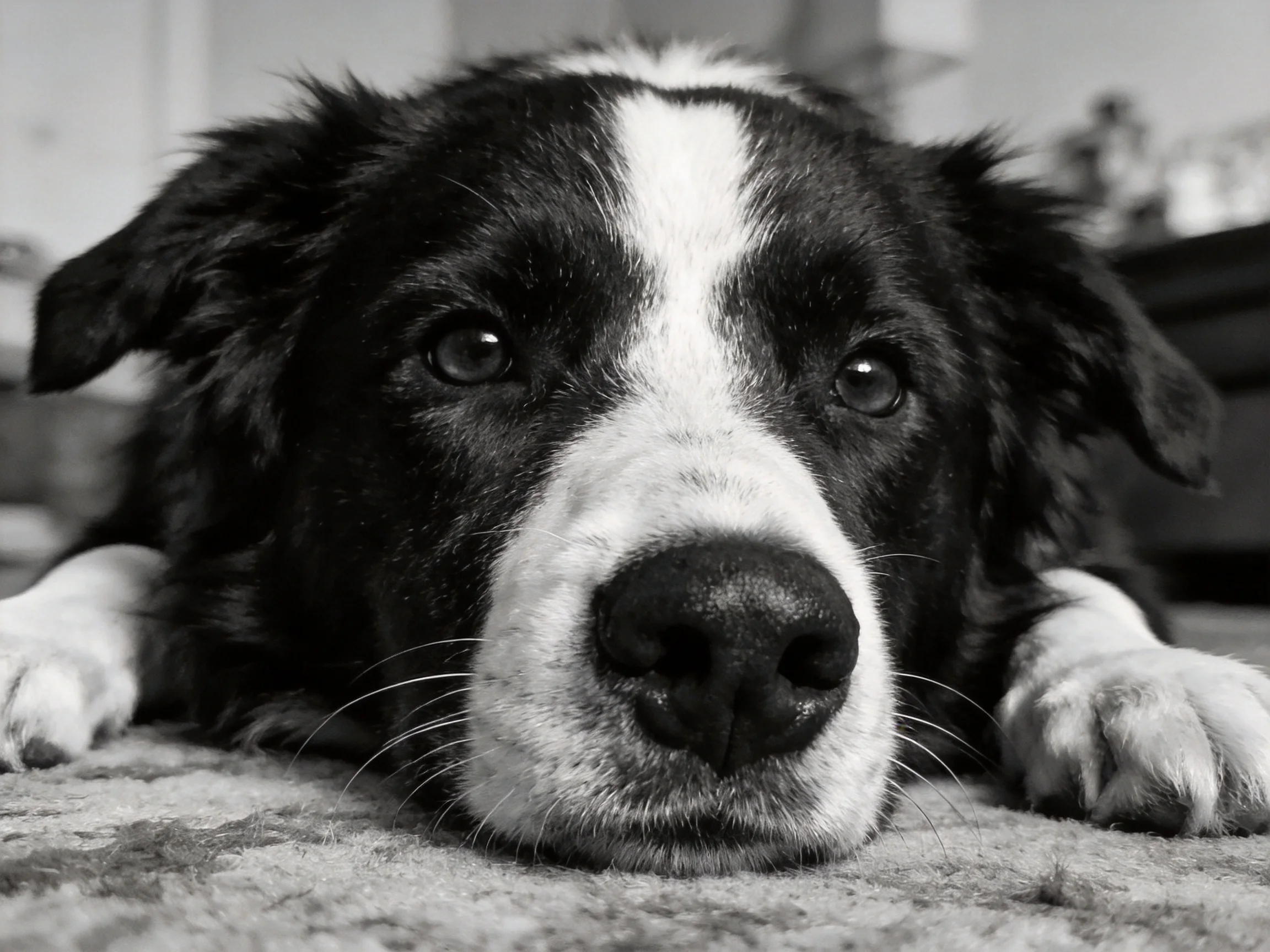 A black and white dog rests on a carpet