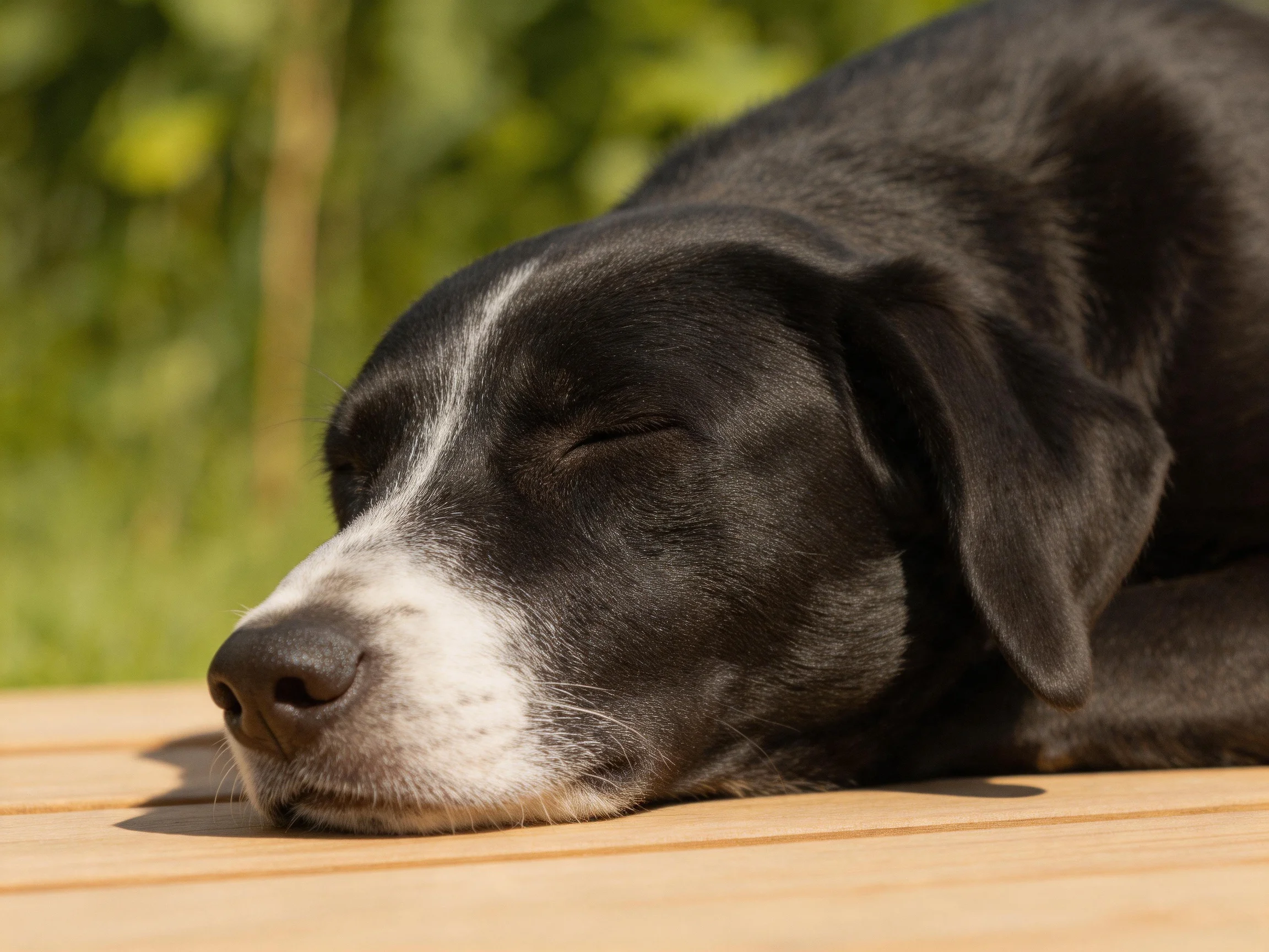 A black and white dog rests quietly on a wooden surface.