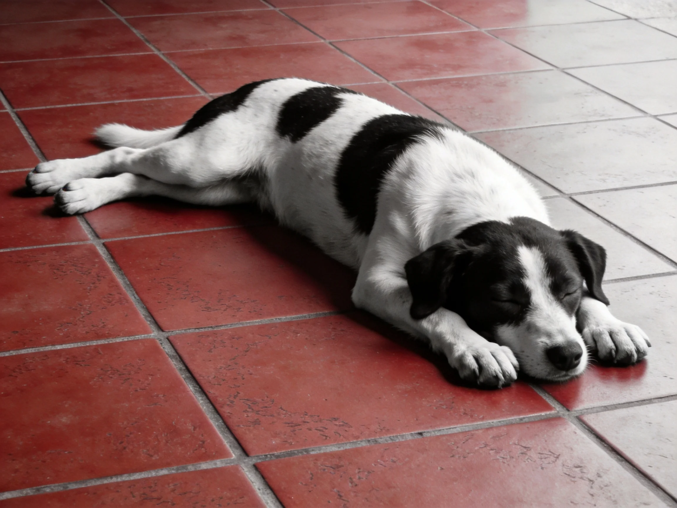 A black and white dog rests on red tiled flooring.