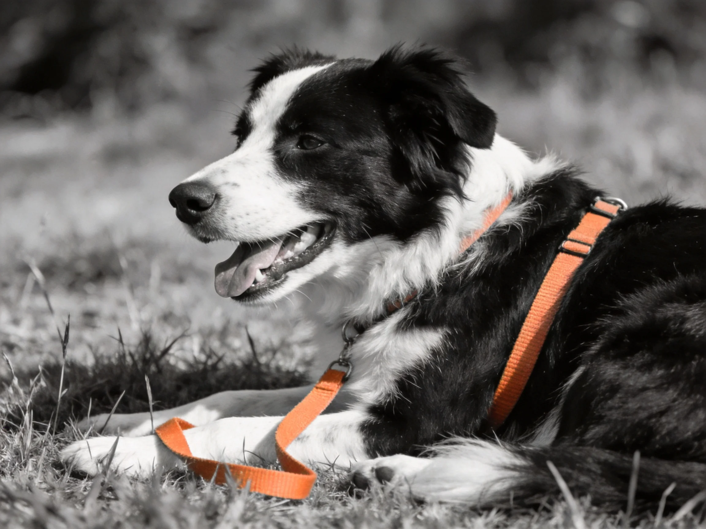 A black and white dog relaxes on grass wearing an orange harness.