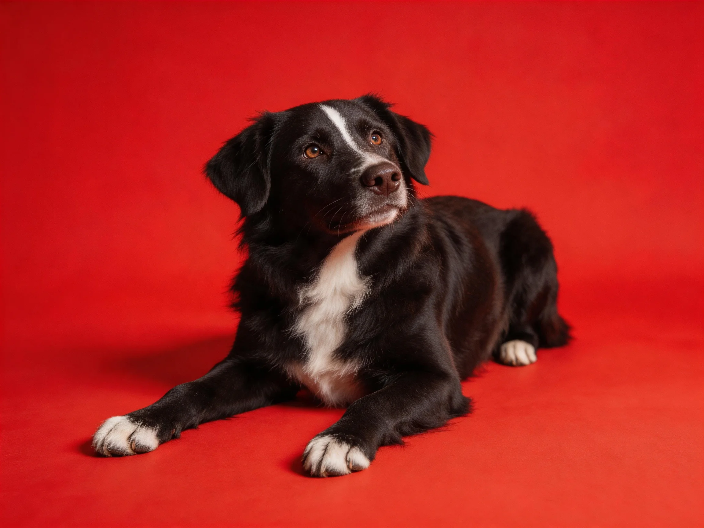 A black and white dog lies calmly on a bright red surface