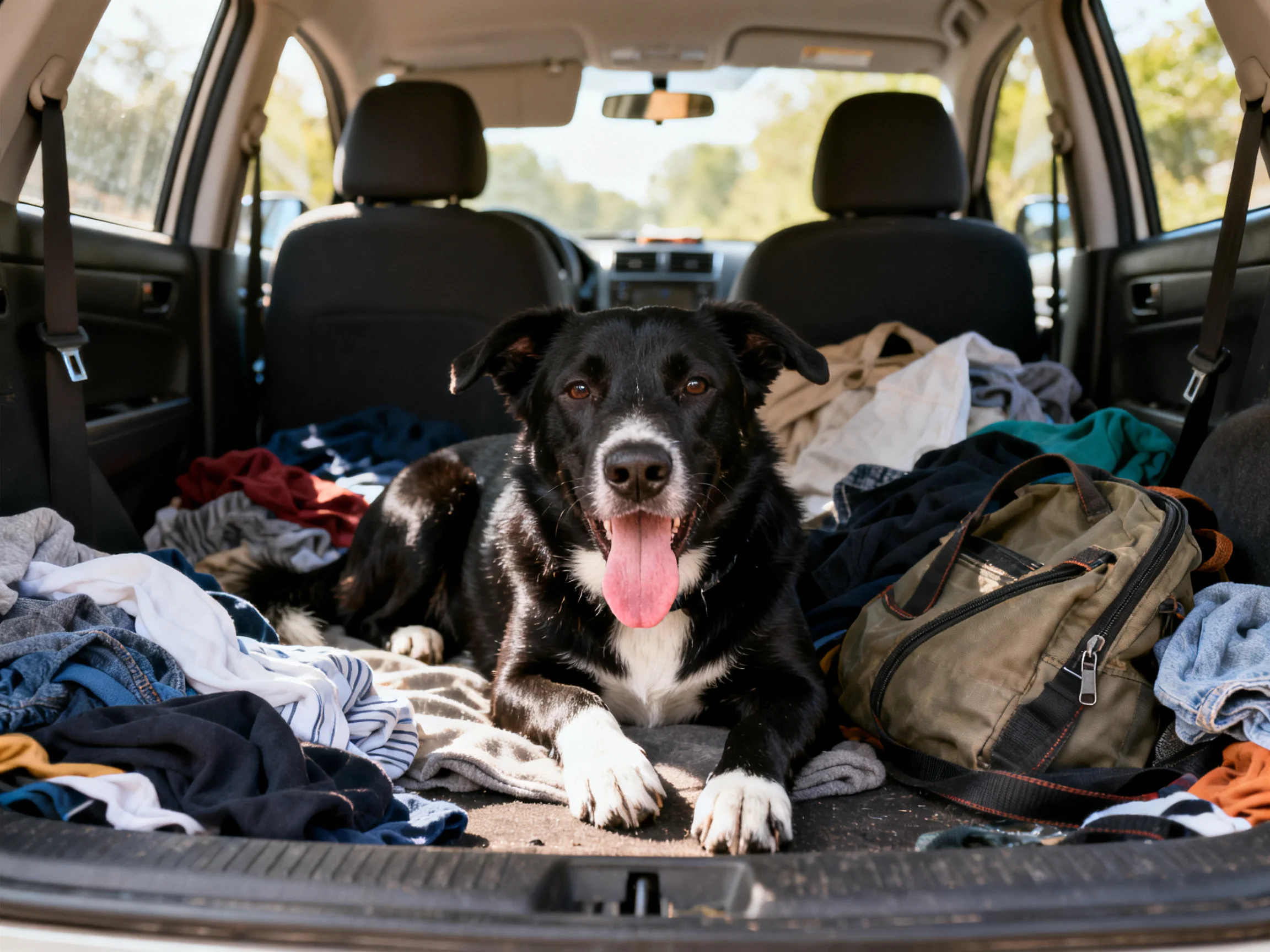 A dog relaxes among clothes in a car trunk.