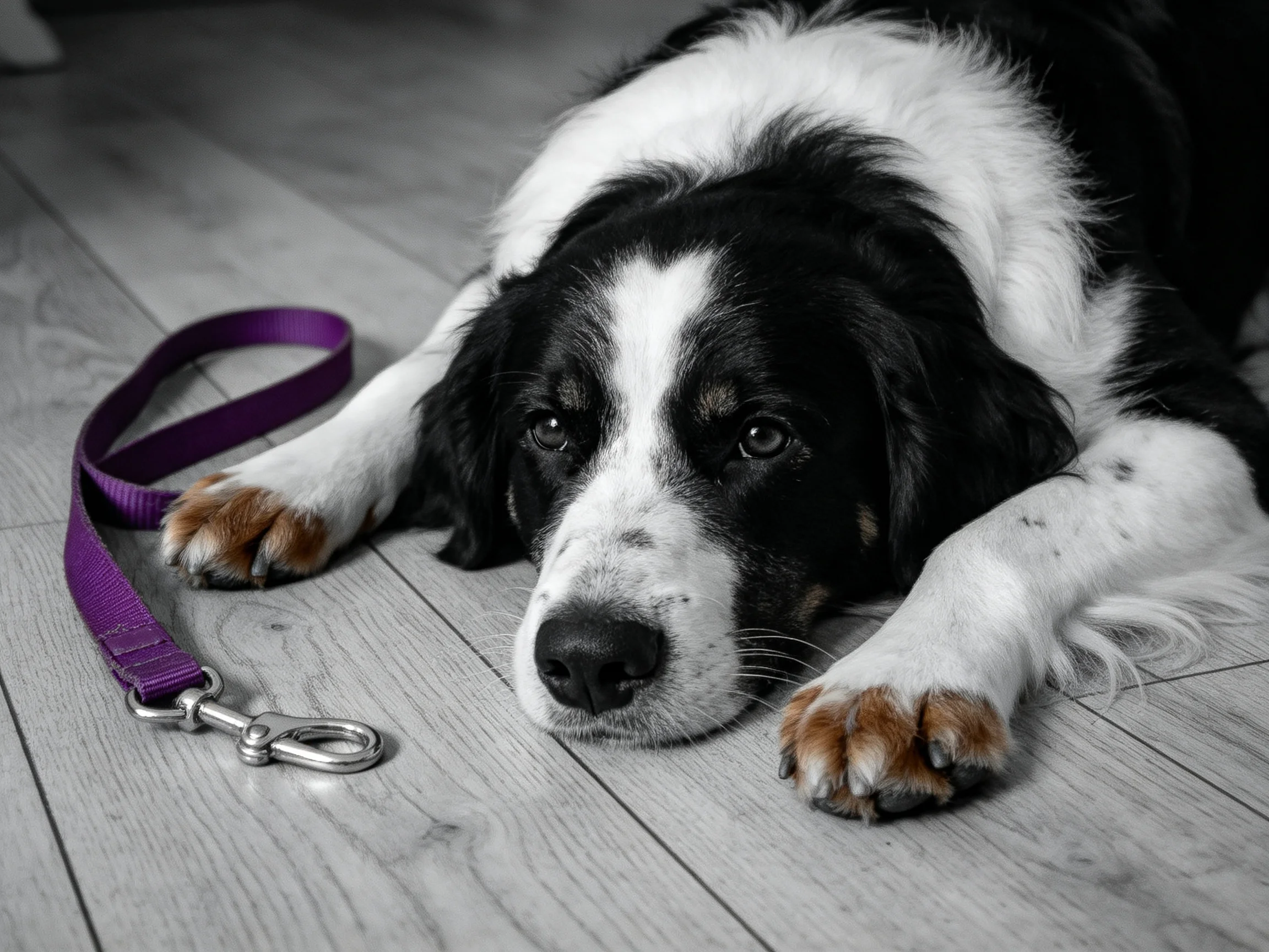A black and white dog rests beside a purple leash on wooden flooring