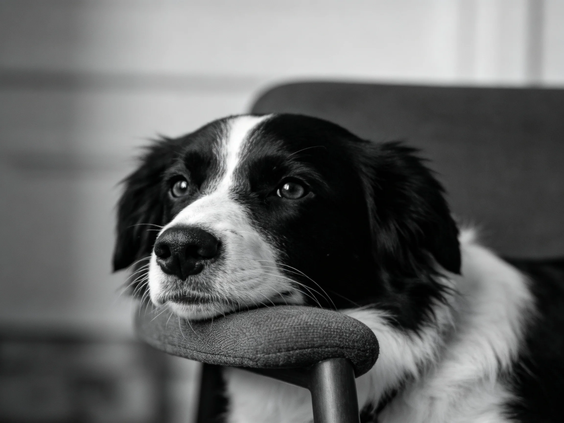 A black and white dog rests its head on a chair armrest in a softly lit indoor space.