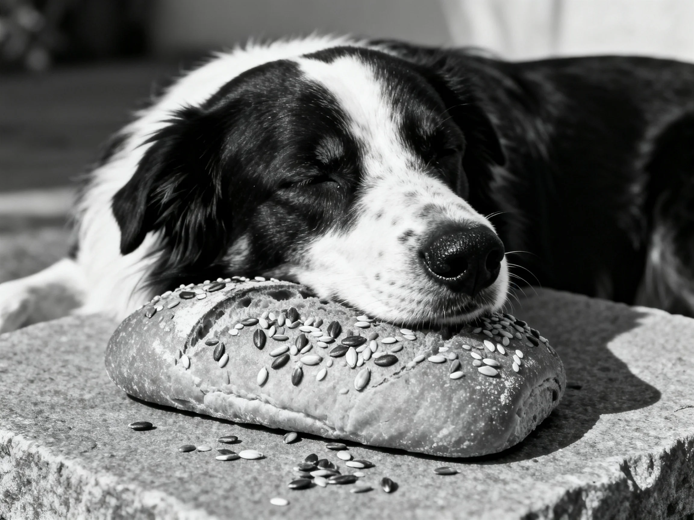 A black-and-white dog rests its head on a seed-topped loaf of bread outdoors.