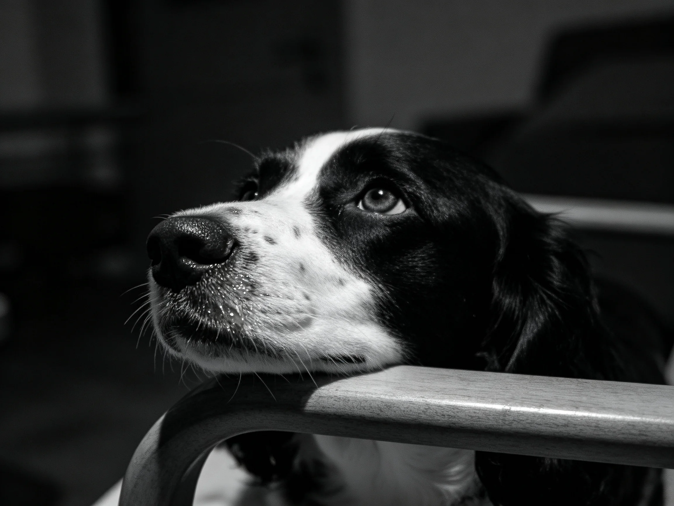 A black and white dog rests its head on a chair armrest in a dimly lit room.