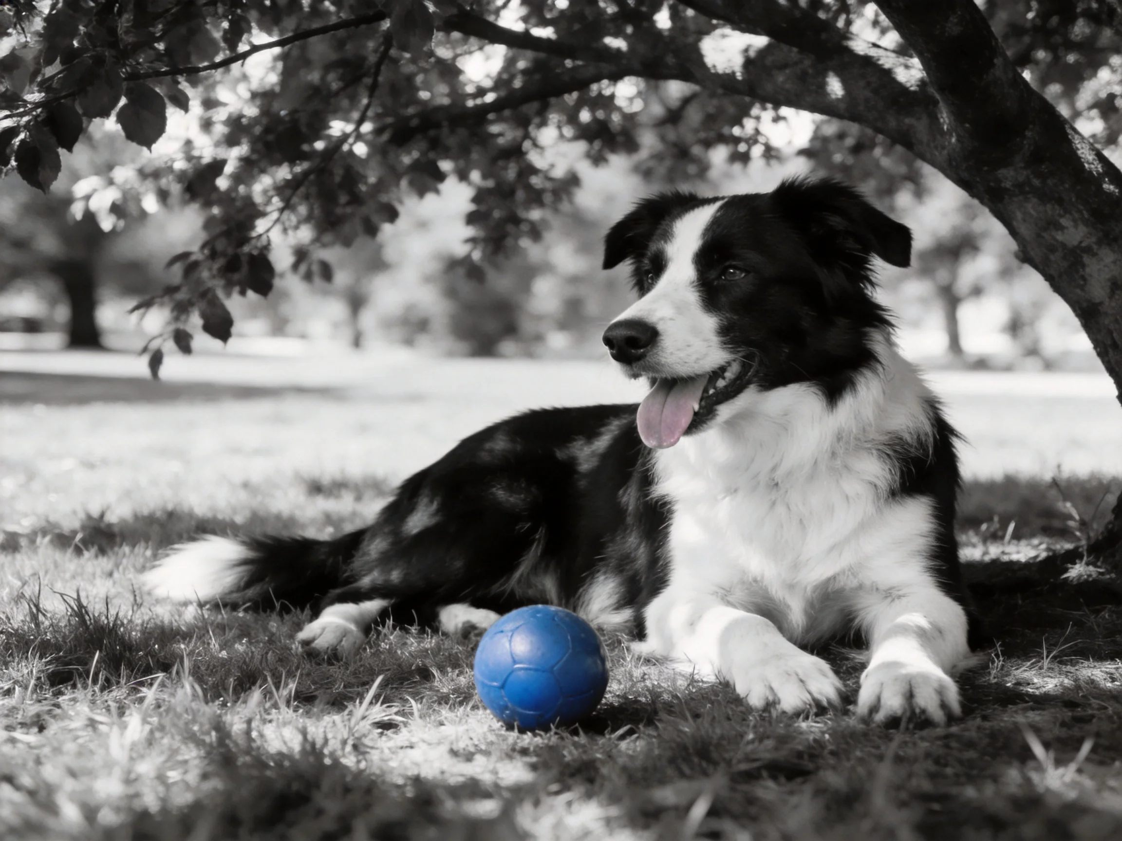 A black-and-white dog relaxes beside a blue ball in a shaded outdoor area.