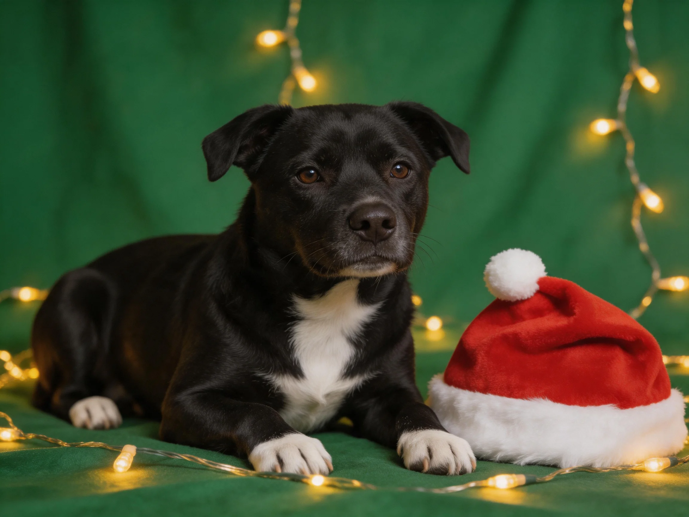 A black and white dog sits beside a red Santa hat in a festively lit environment.