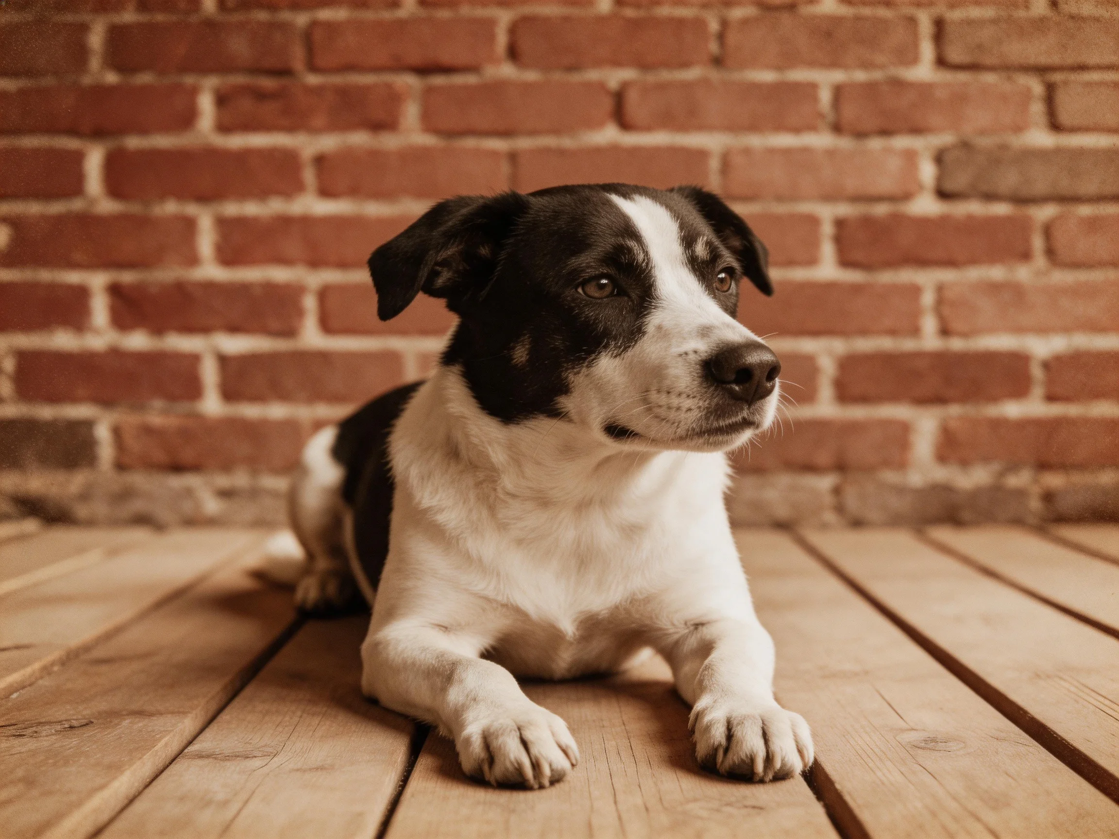 A black and white dog lies on a wooden floor beside a red brick wall