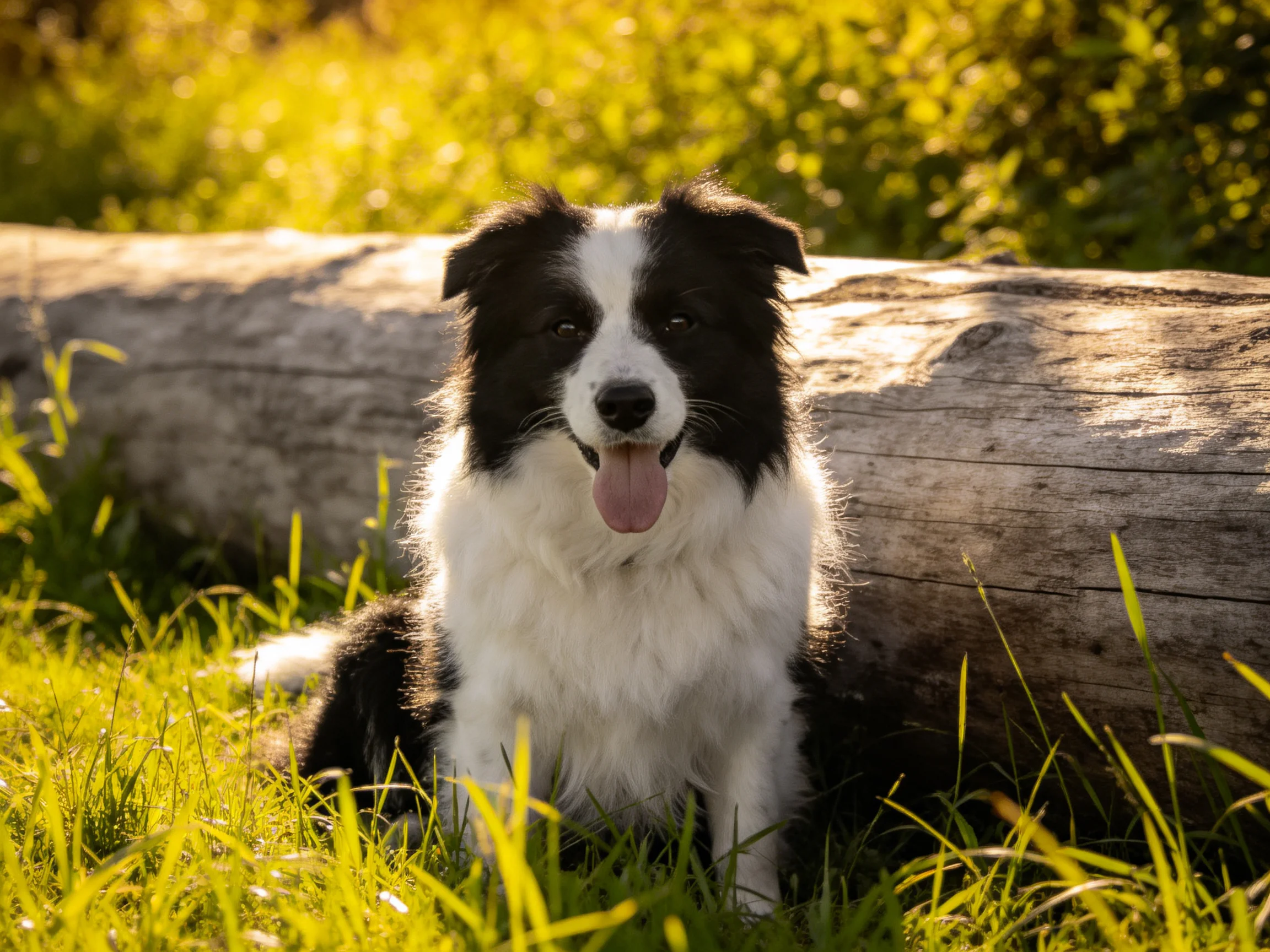 A black-and-white dog sits beside a log in sunlit grass