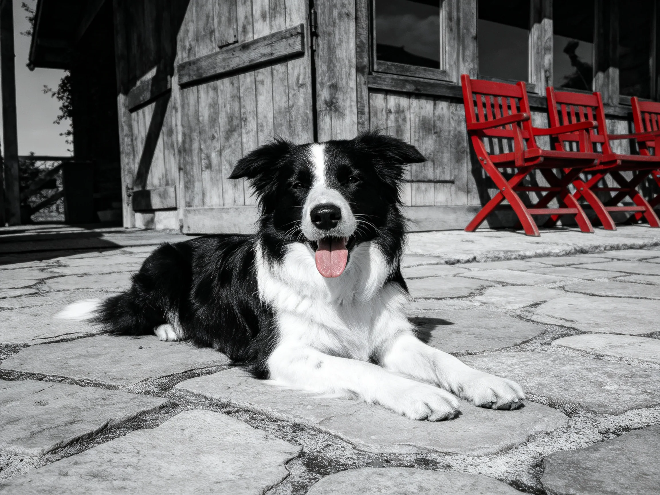 A black and white dog relaxes on stone pavement beside bright red chairs near a weathered wooden building.