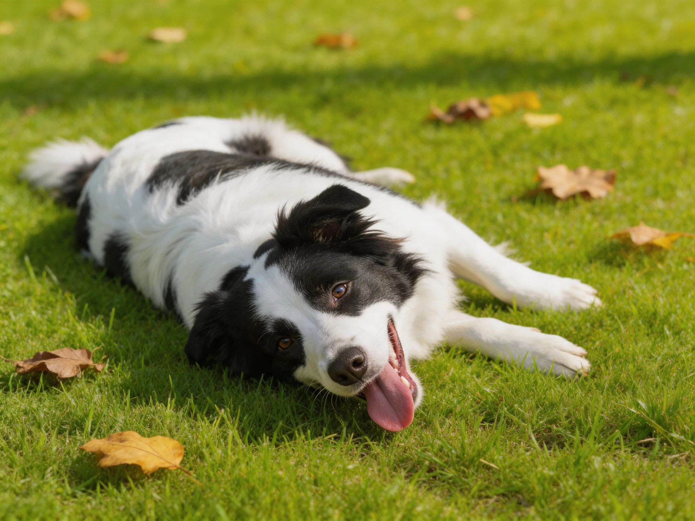 A black-and-white dog rests on a grassy lawn with scattered autumn leaves