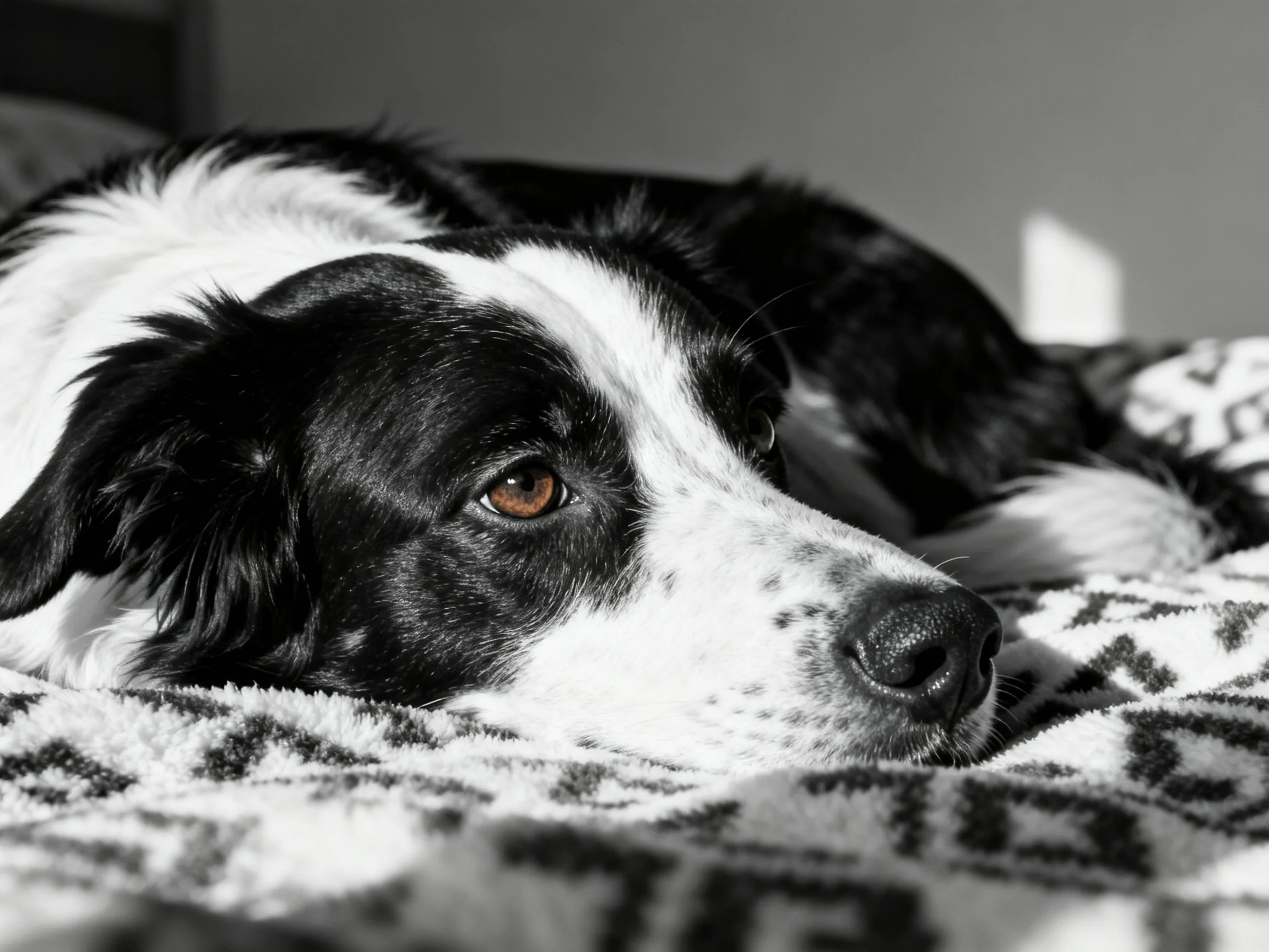 A black and white dog lies on a patterned blanket in a softly lit environment.
