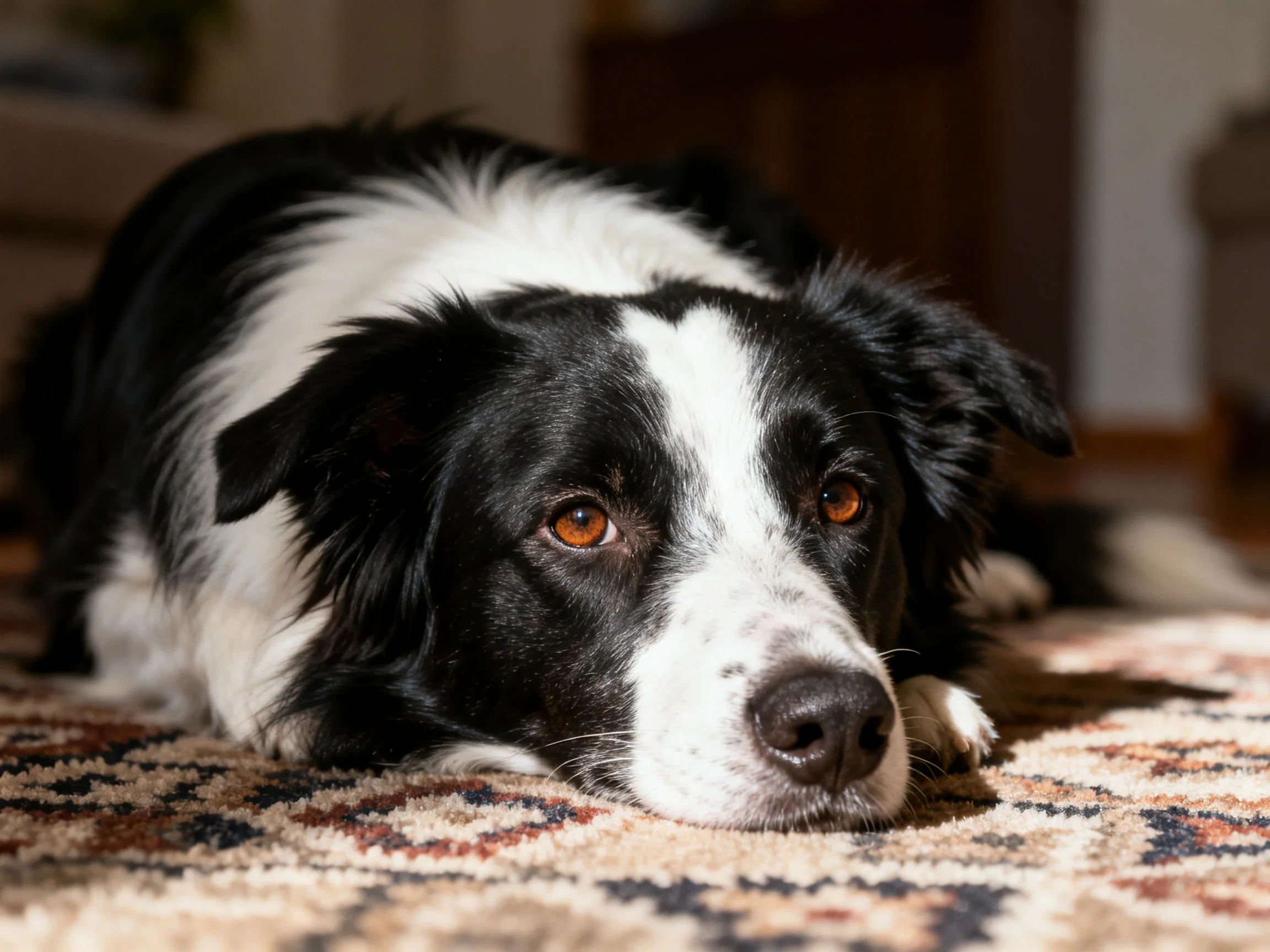 A black and white dog rests on a patterned indoor rug