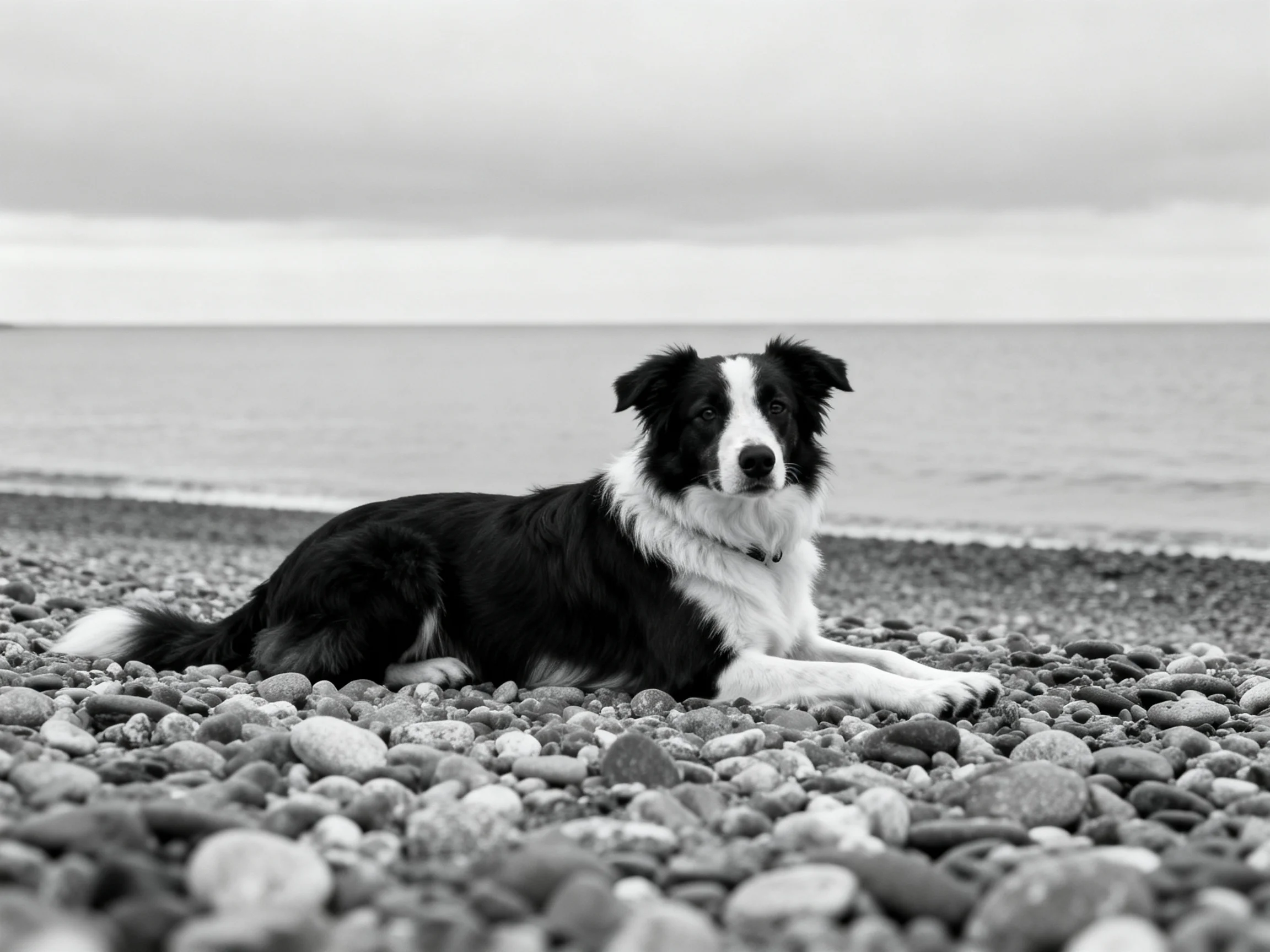 A black-and-white dog relaxes on a pebbly shore by the sea