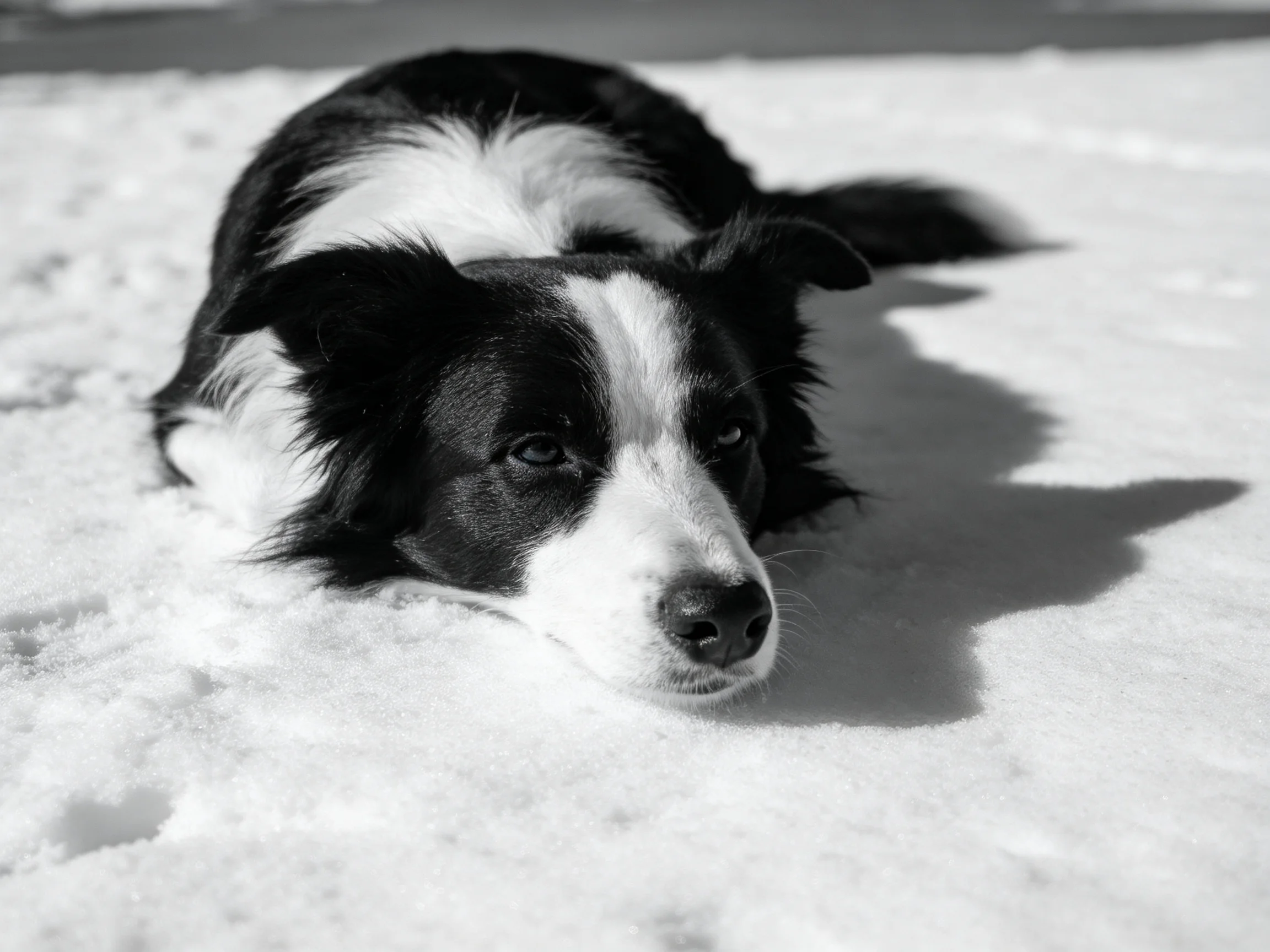 A black and white dog lies quietly on a snow-covered area.