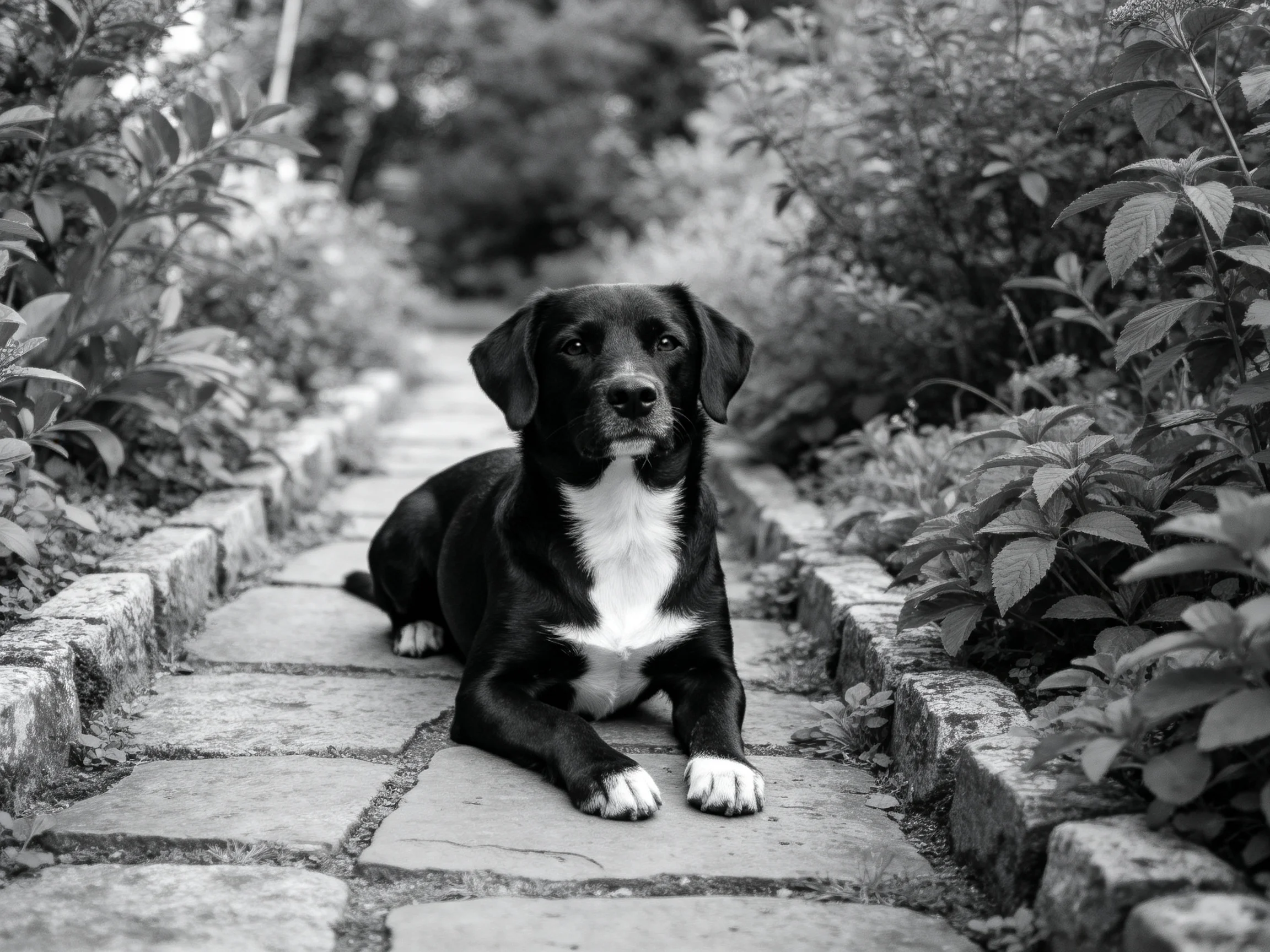 A black-and-white dog rests on a stone pathway amid dense foliage