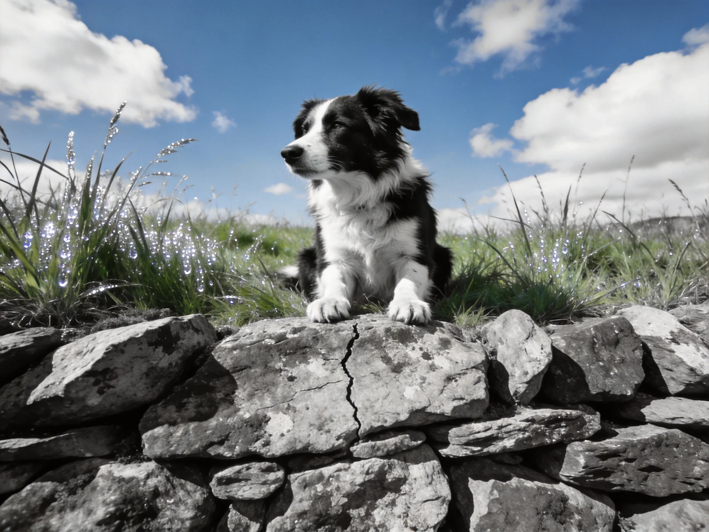 A black-and-white dog rests on a stone wall beside dewy grass