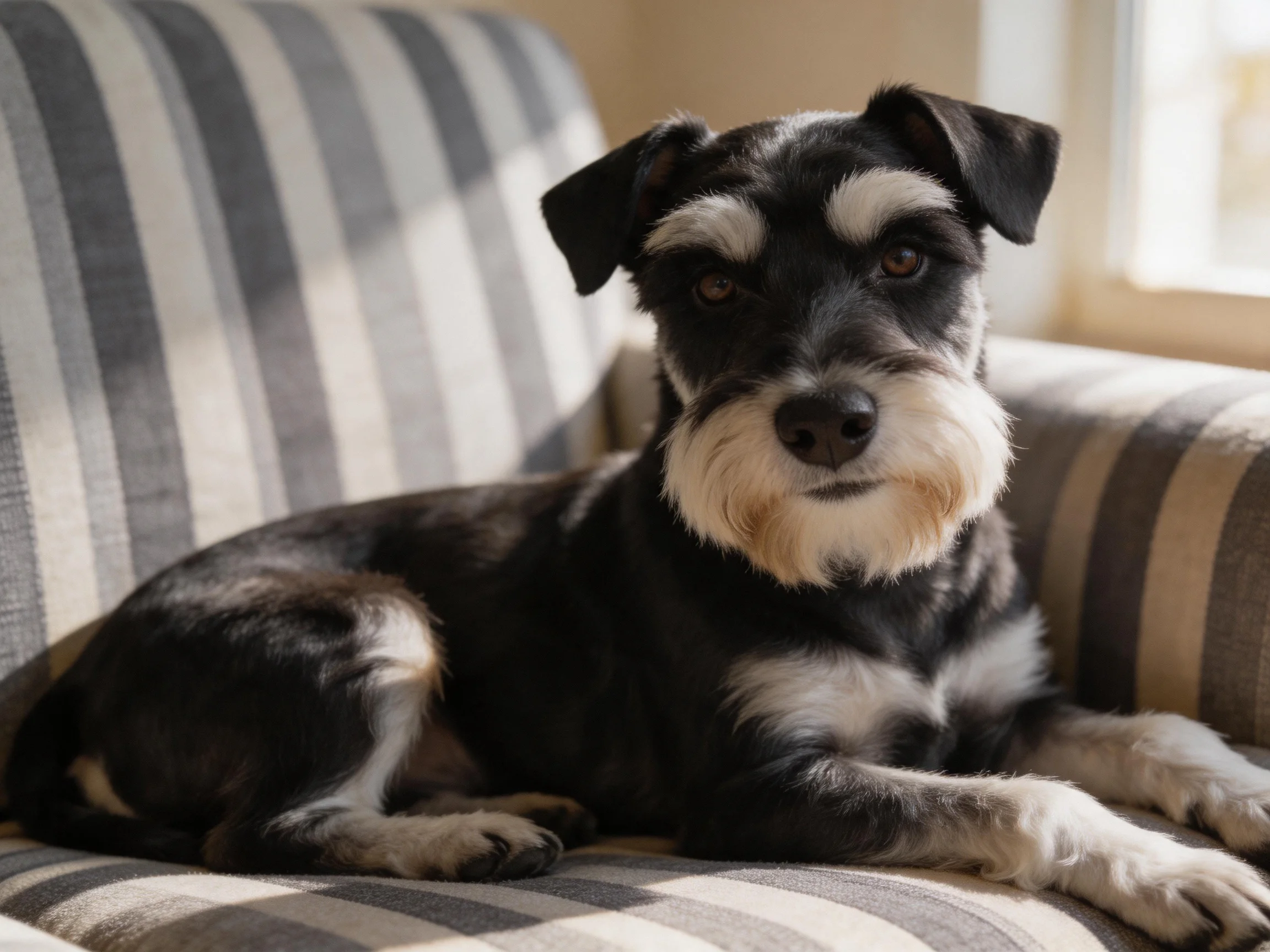 A black and white dog rests on a striped fabric couch near a sunlit window