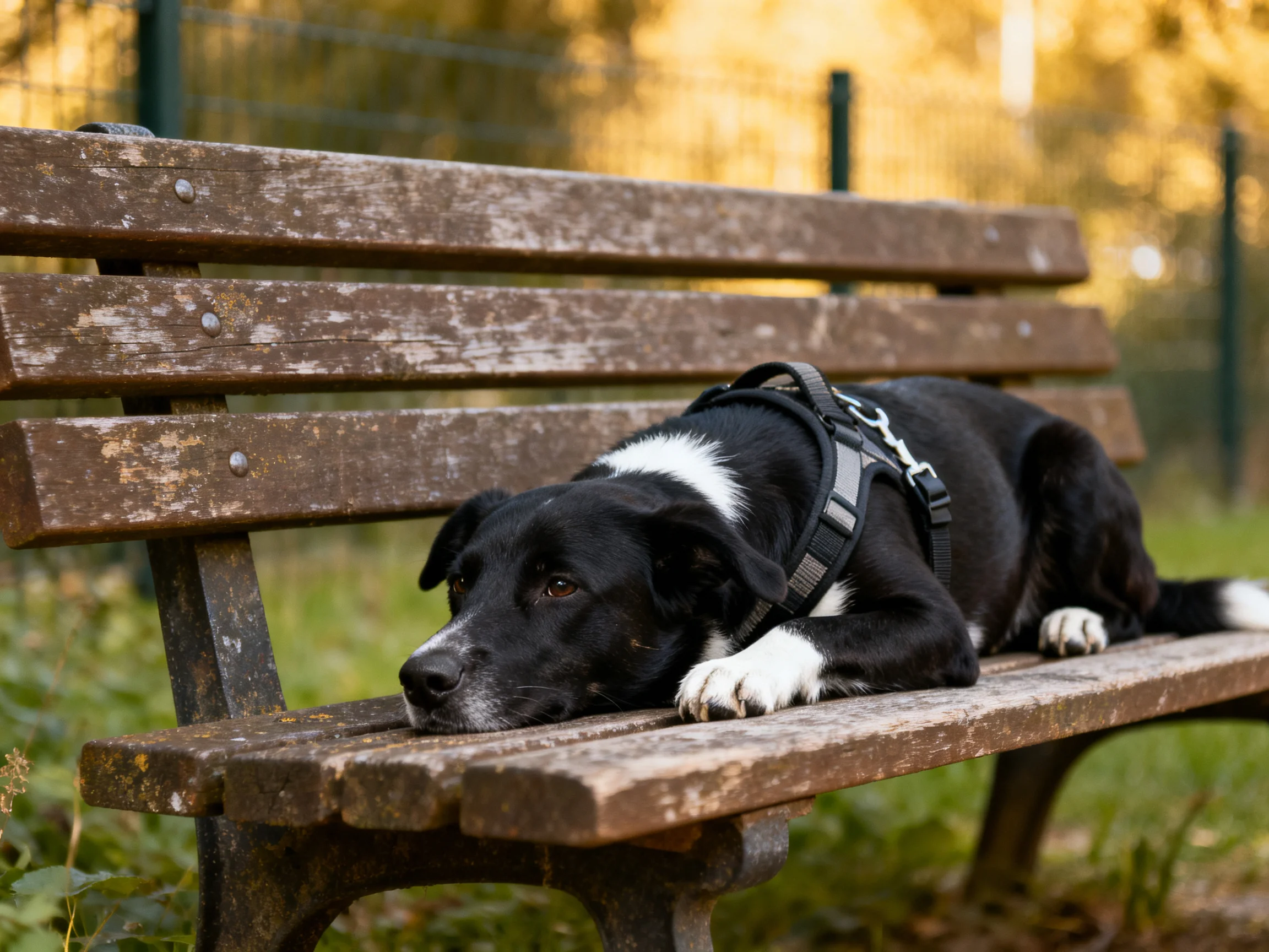 A black and white dog rests on a weathered wooden park bench