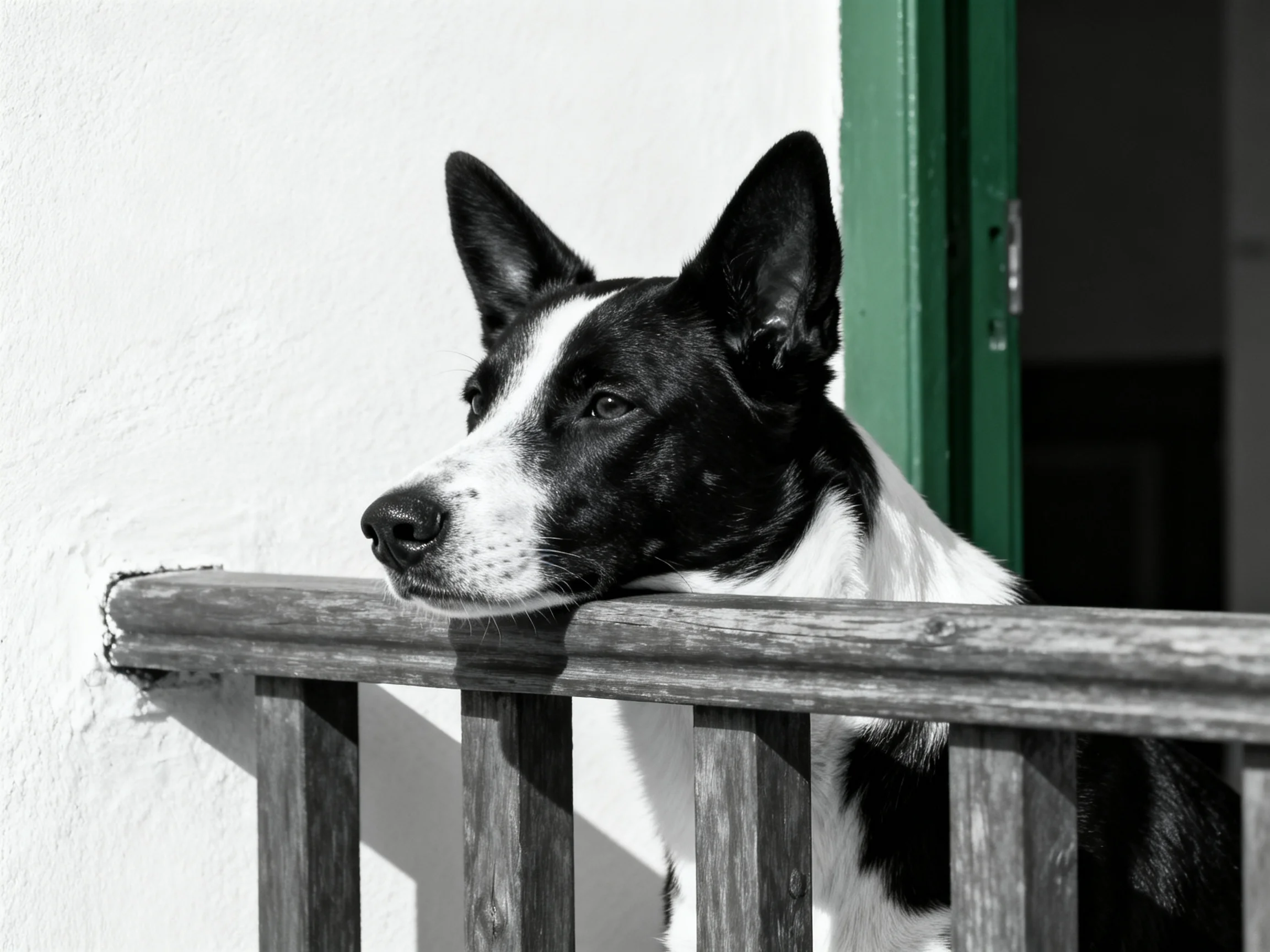 A black and white dog rests on a weathered wooden railing by a green door