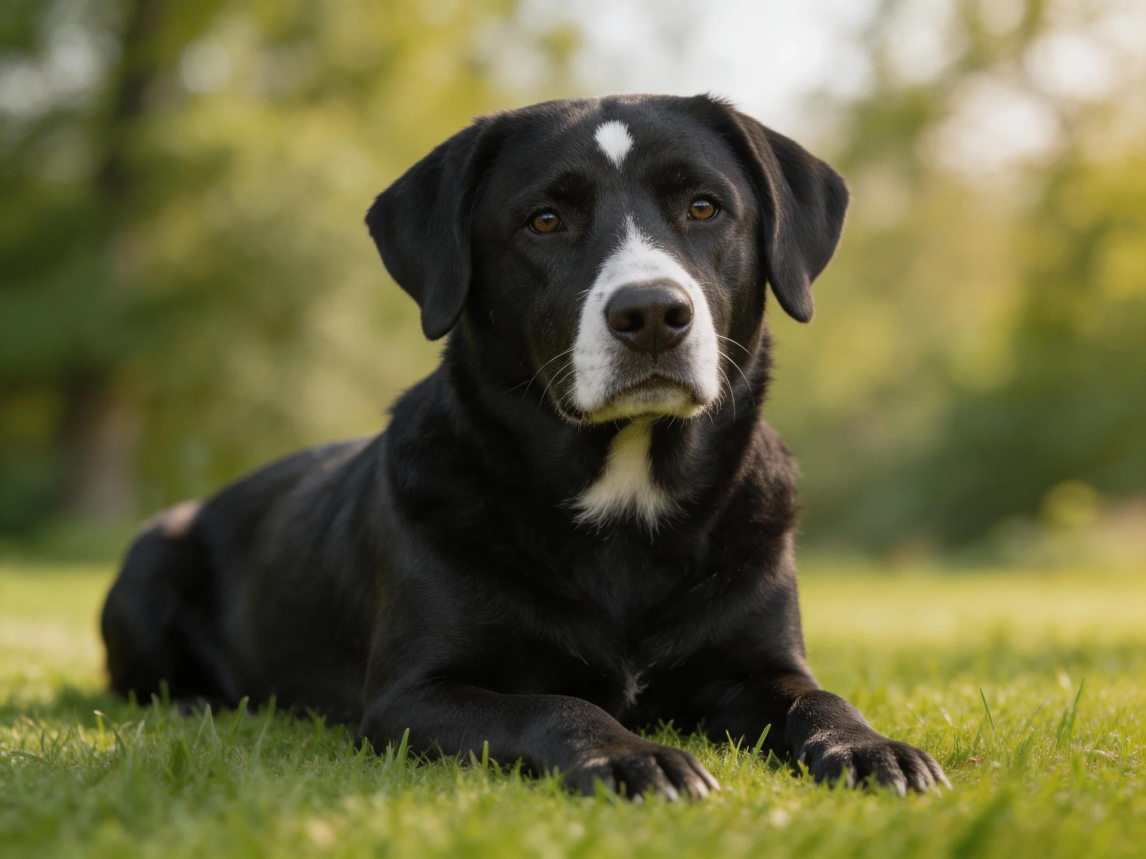 A black and white dog lies calmly on grass in a sunlit outdoor setting.