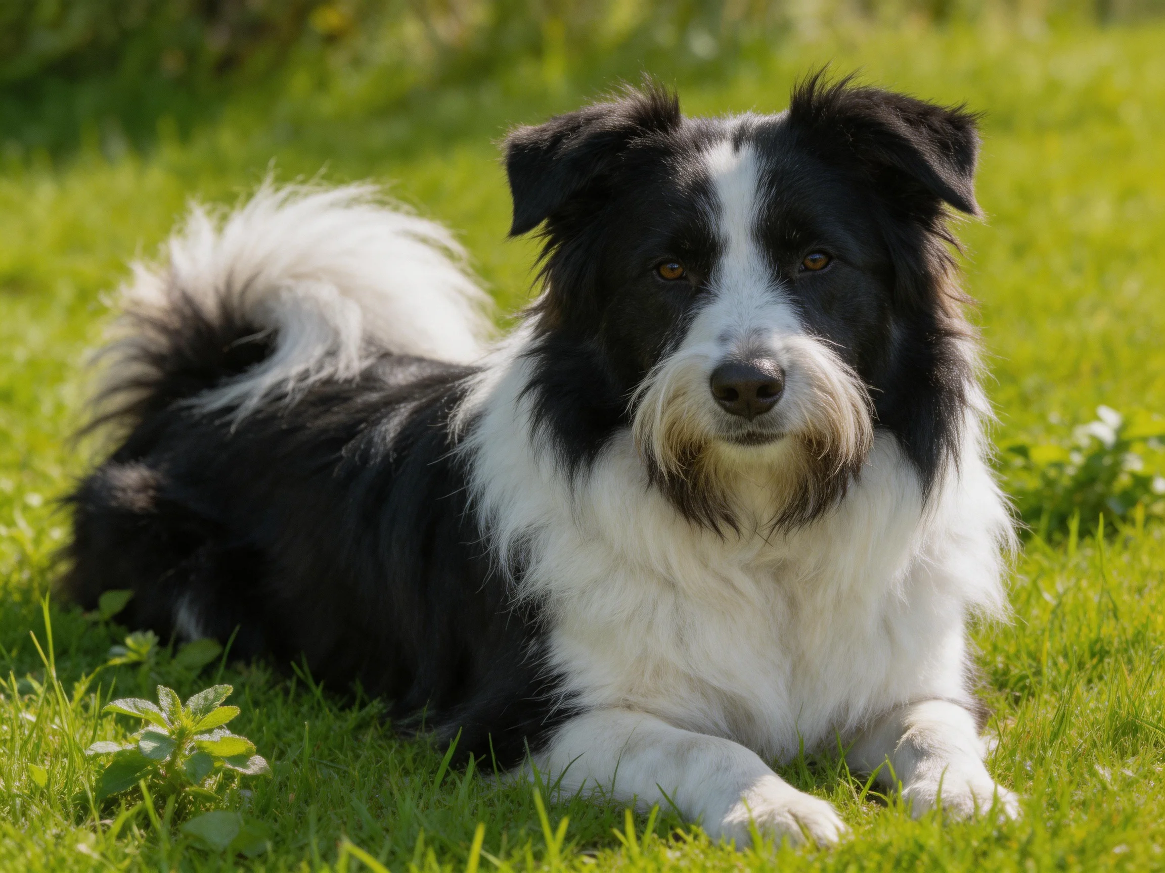 A black and white dog lies calmly on green grass under sunlight.