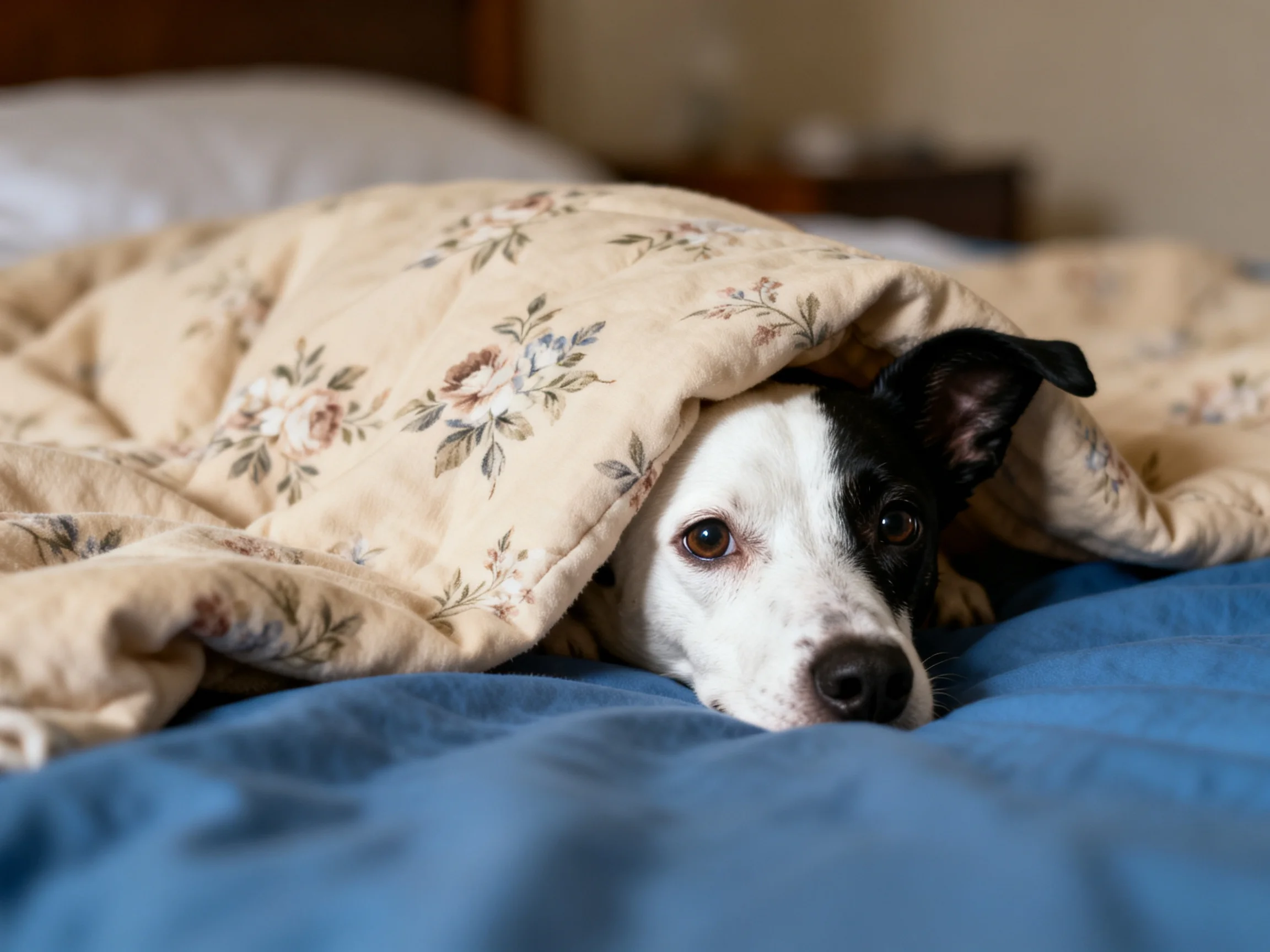 A black-and-white dog rests under a floral quilt on a blue bedspread