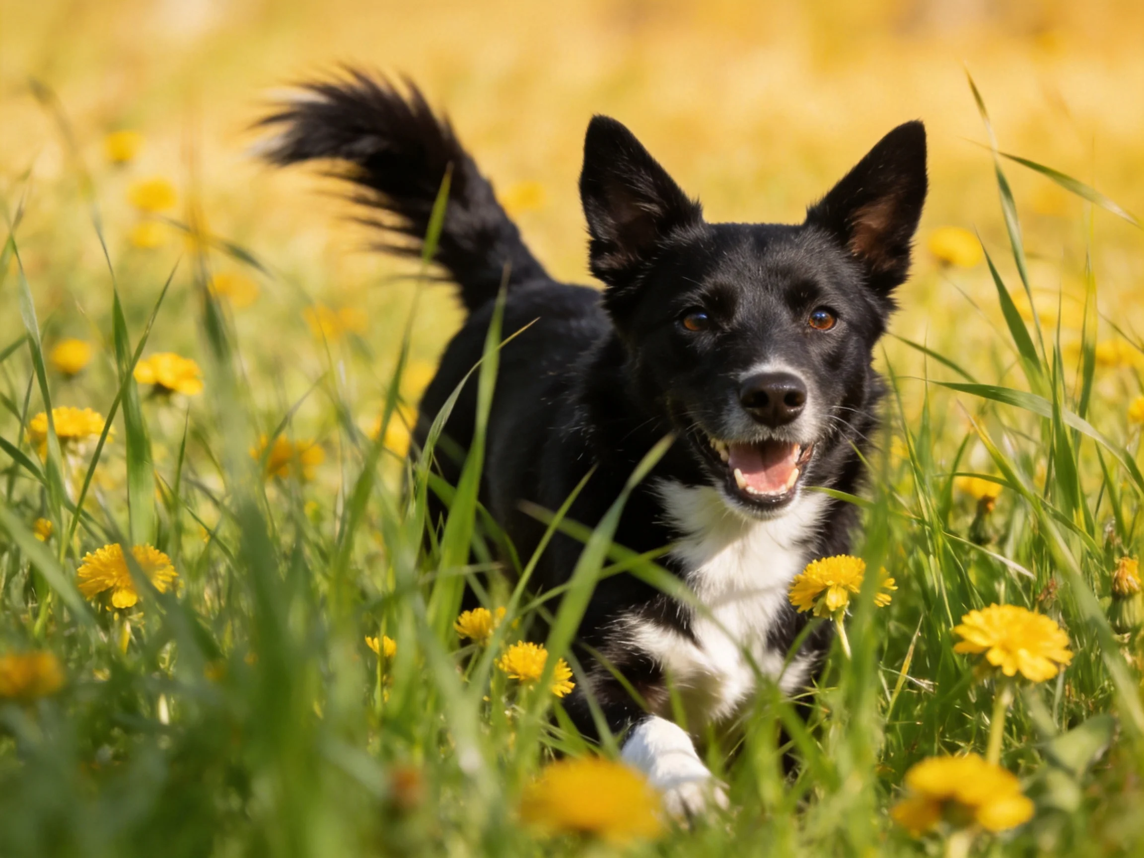 A black and white dog running through a field of yellow dandelions