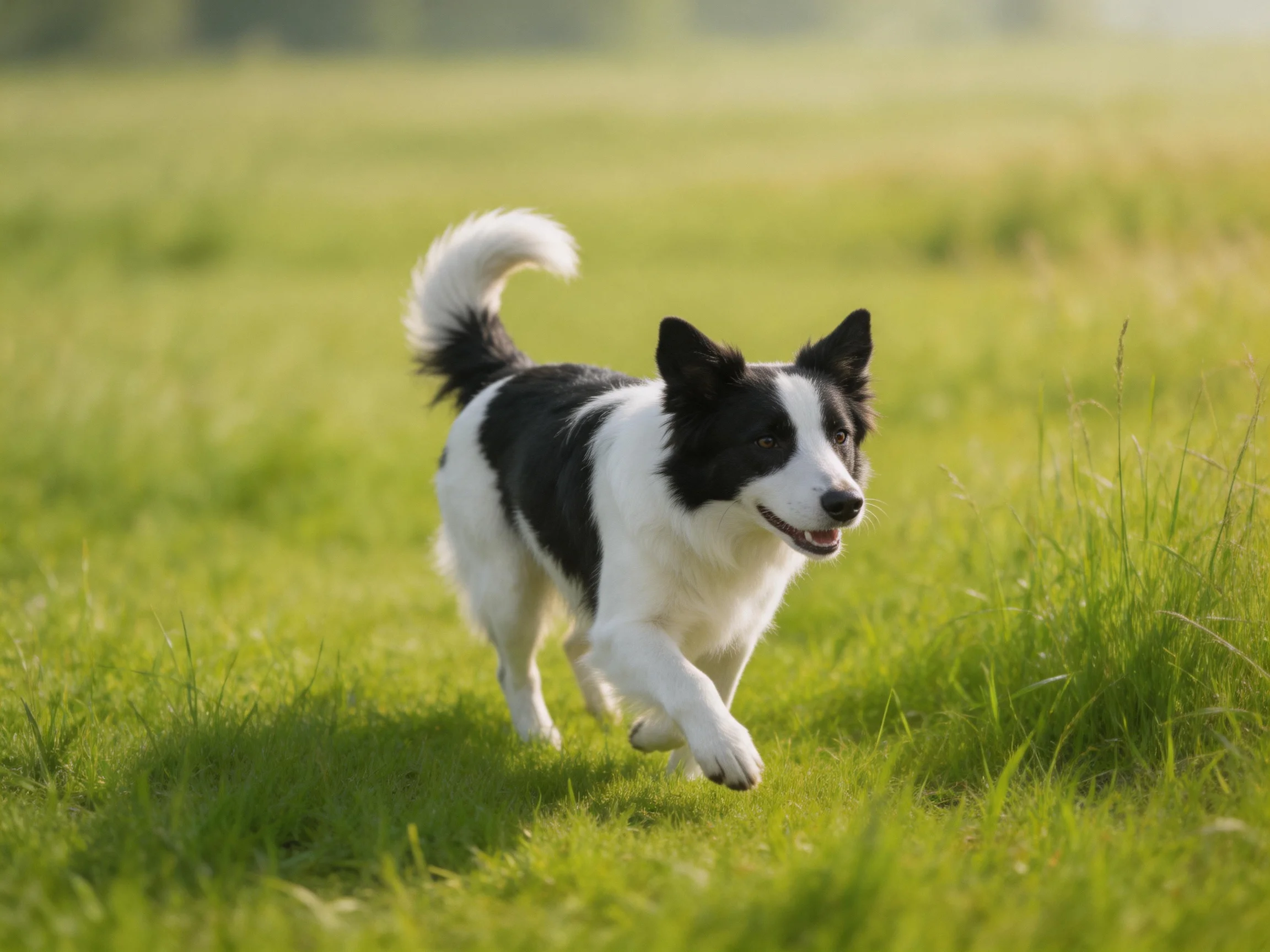 A black and white dog runs energetically through a sunlit green field.
