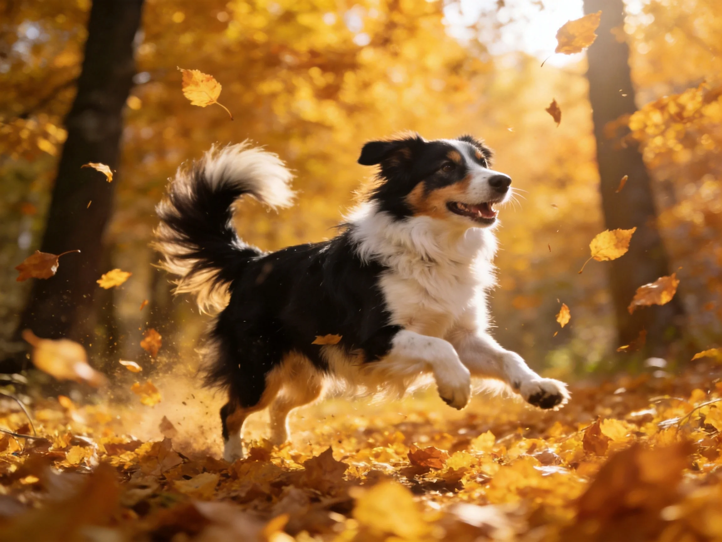 A black-and-white dog running through golden autumn leaves