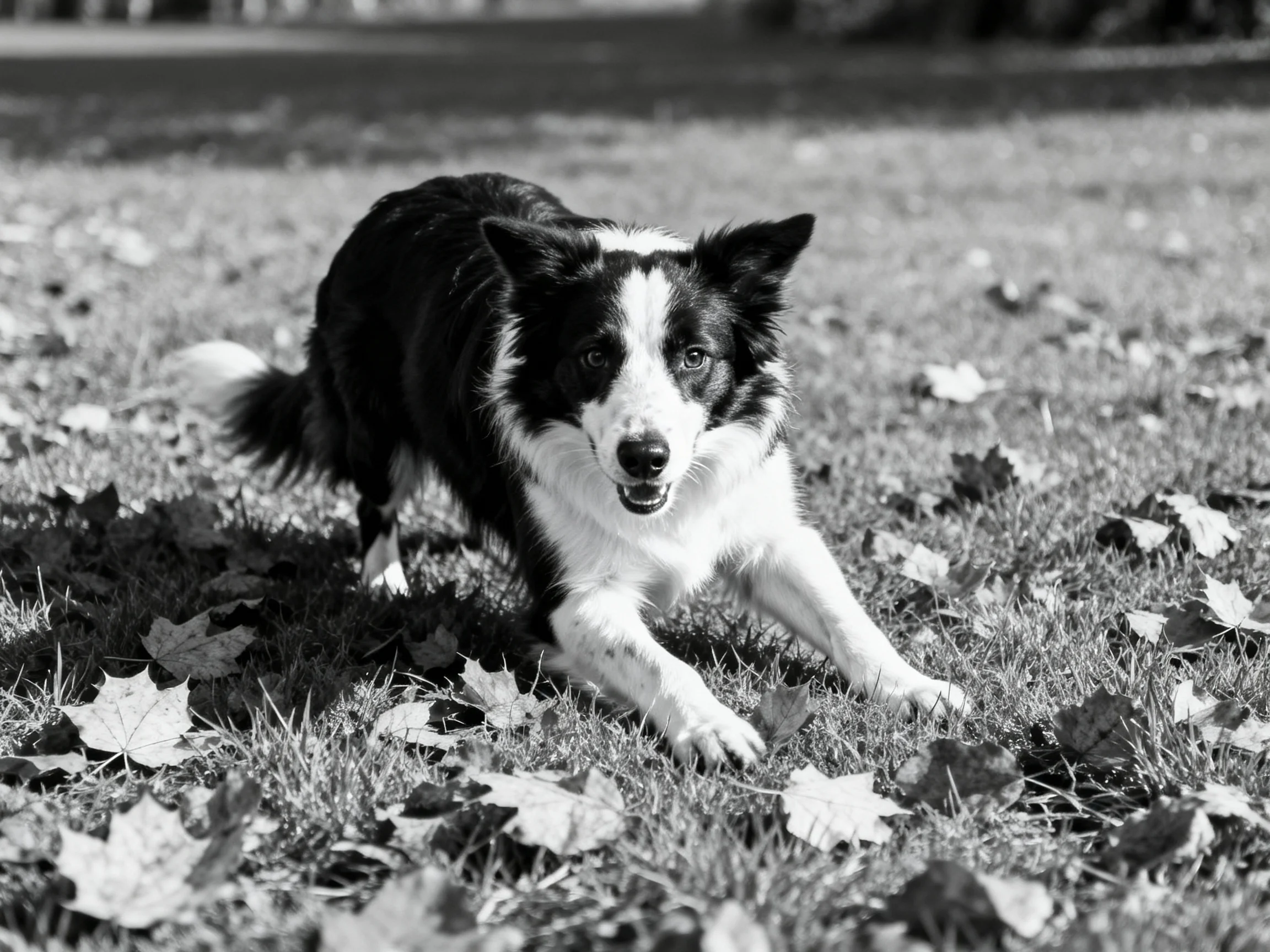 A black-and-white dog running through grass with scattered leaves