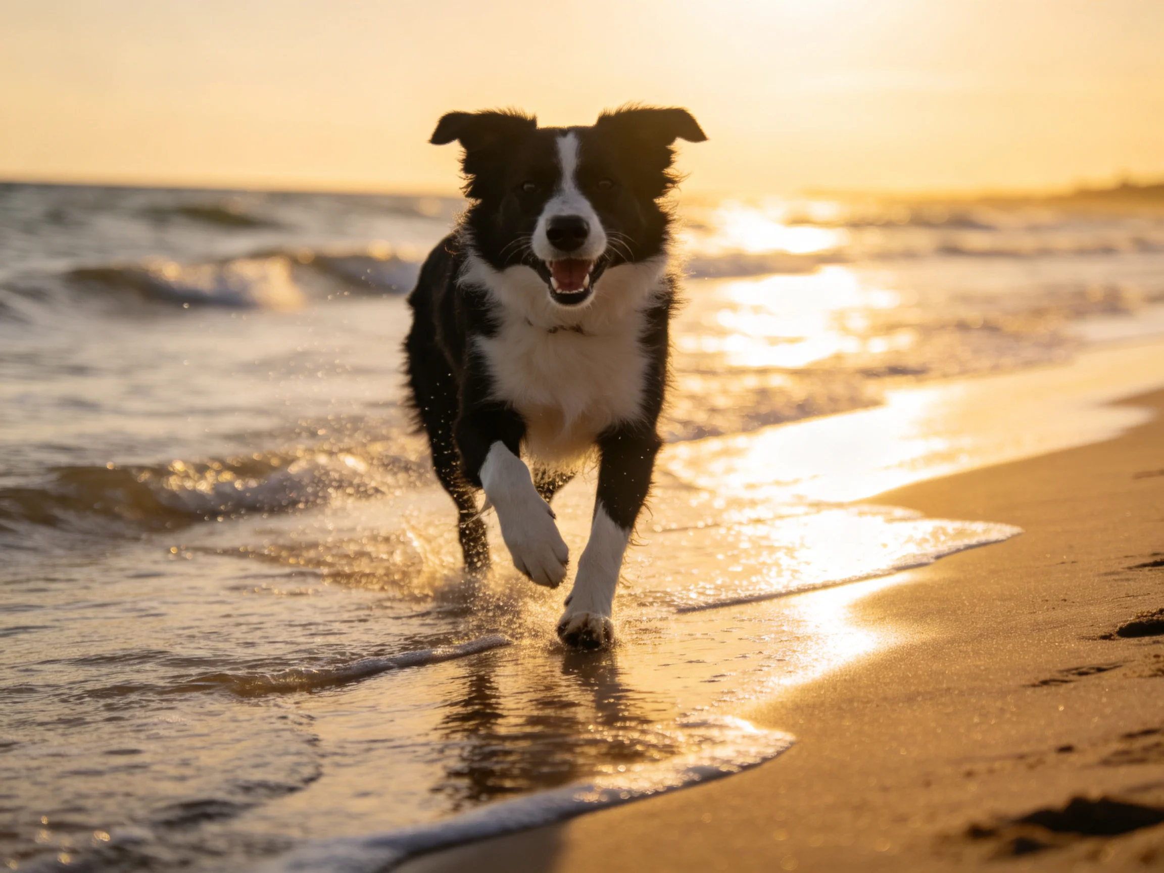 A black and white dog runs along a sandy beach at golden hour