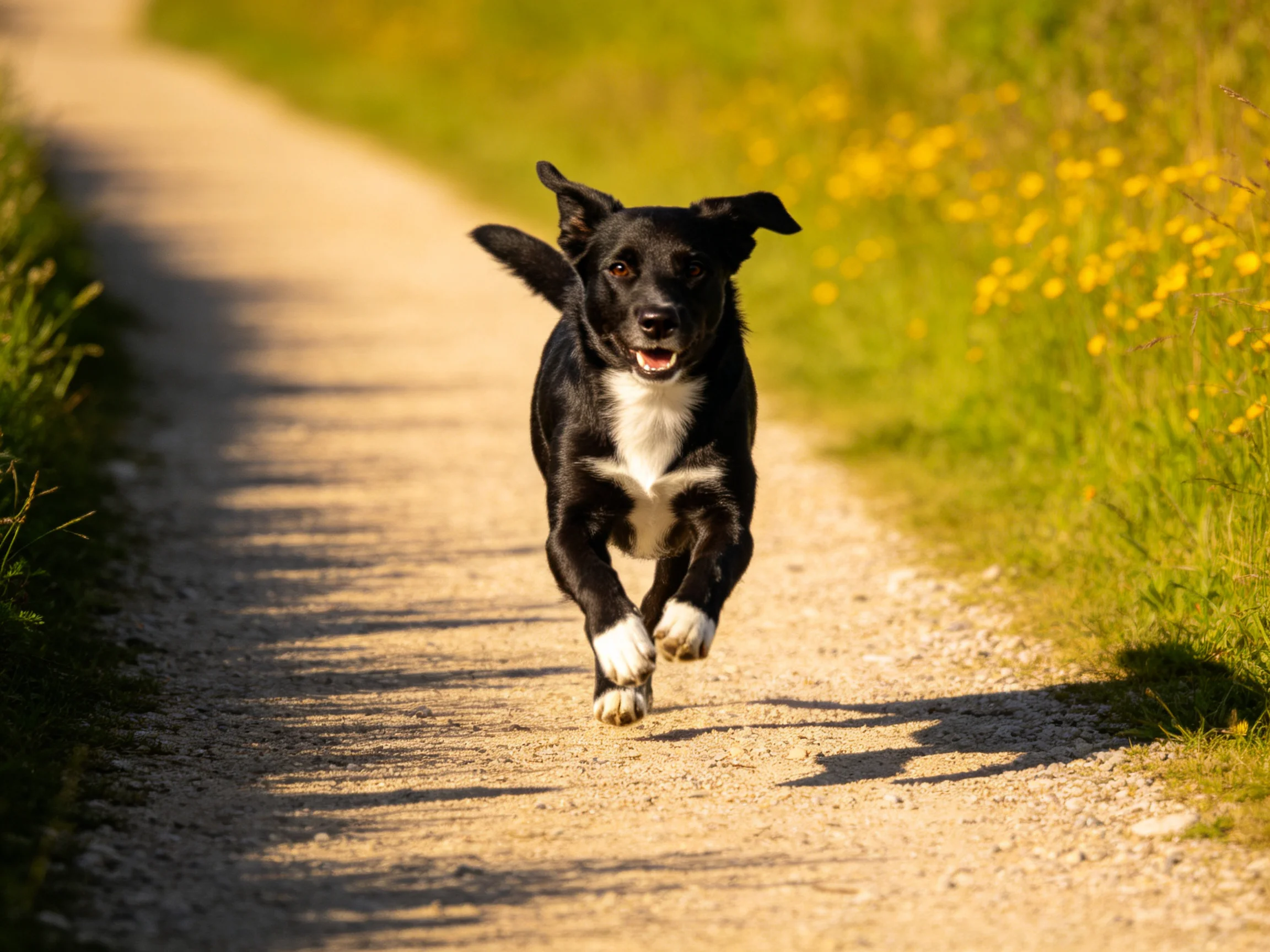 A black and white dog runs energetically along a sunlit dirt path