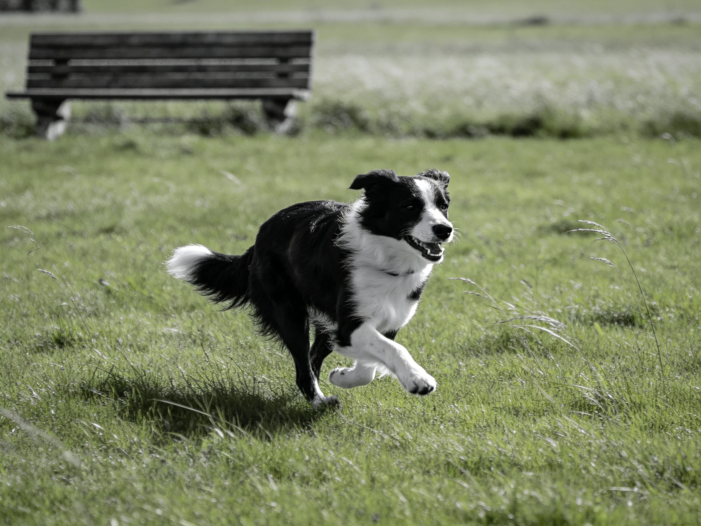 A black and white dog runs energetically on lush green grass near a wooden bench