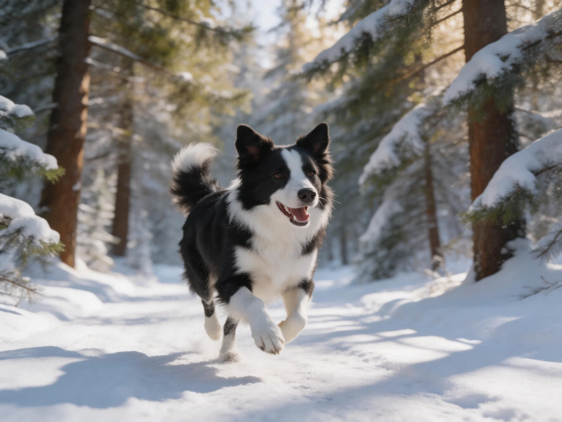 A black-and-white dog joyfully runs on a snowy forest trail