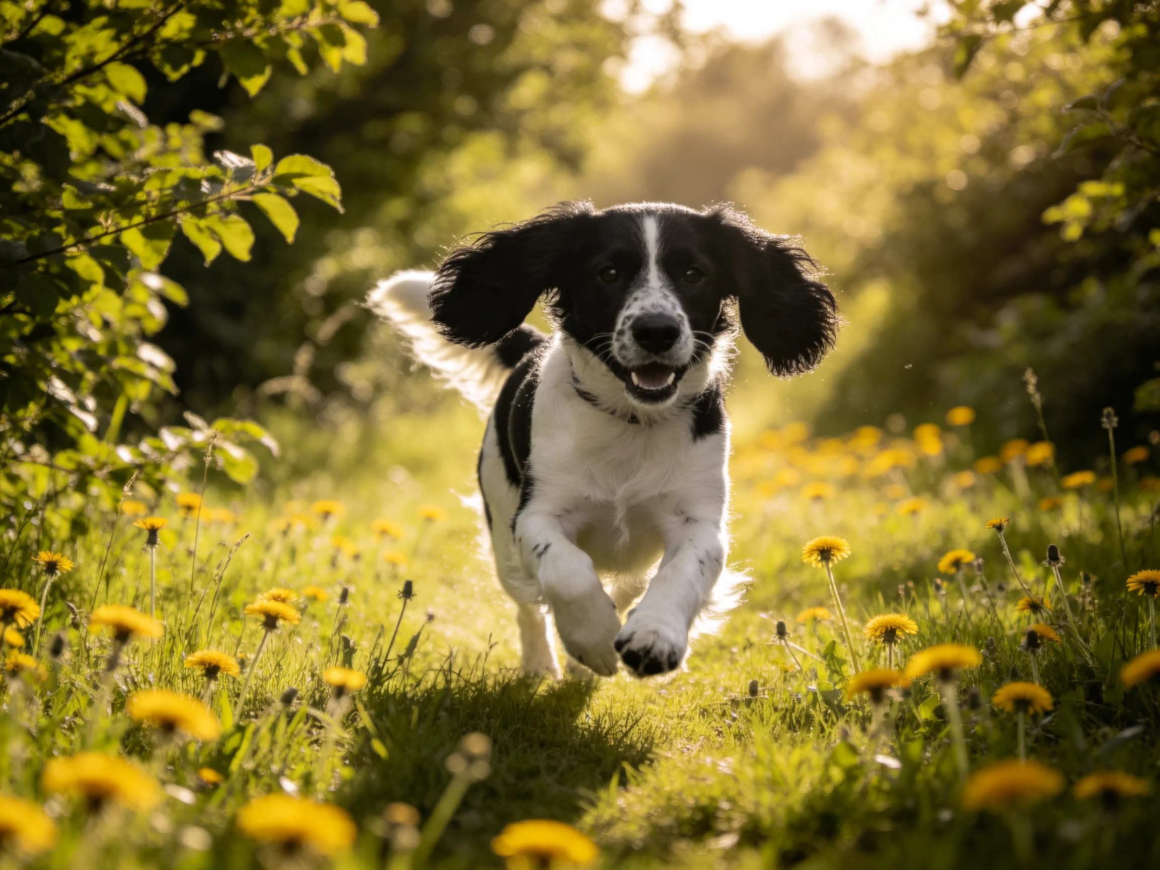 A black-and-white dog runs through a sunlit meadow of yellow flowers
