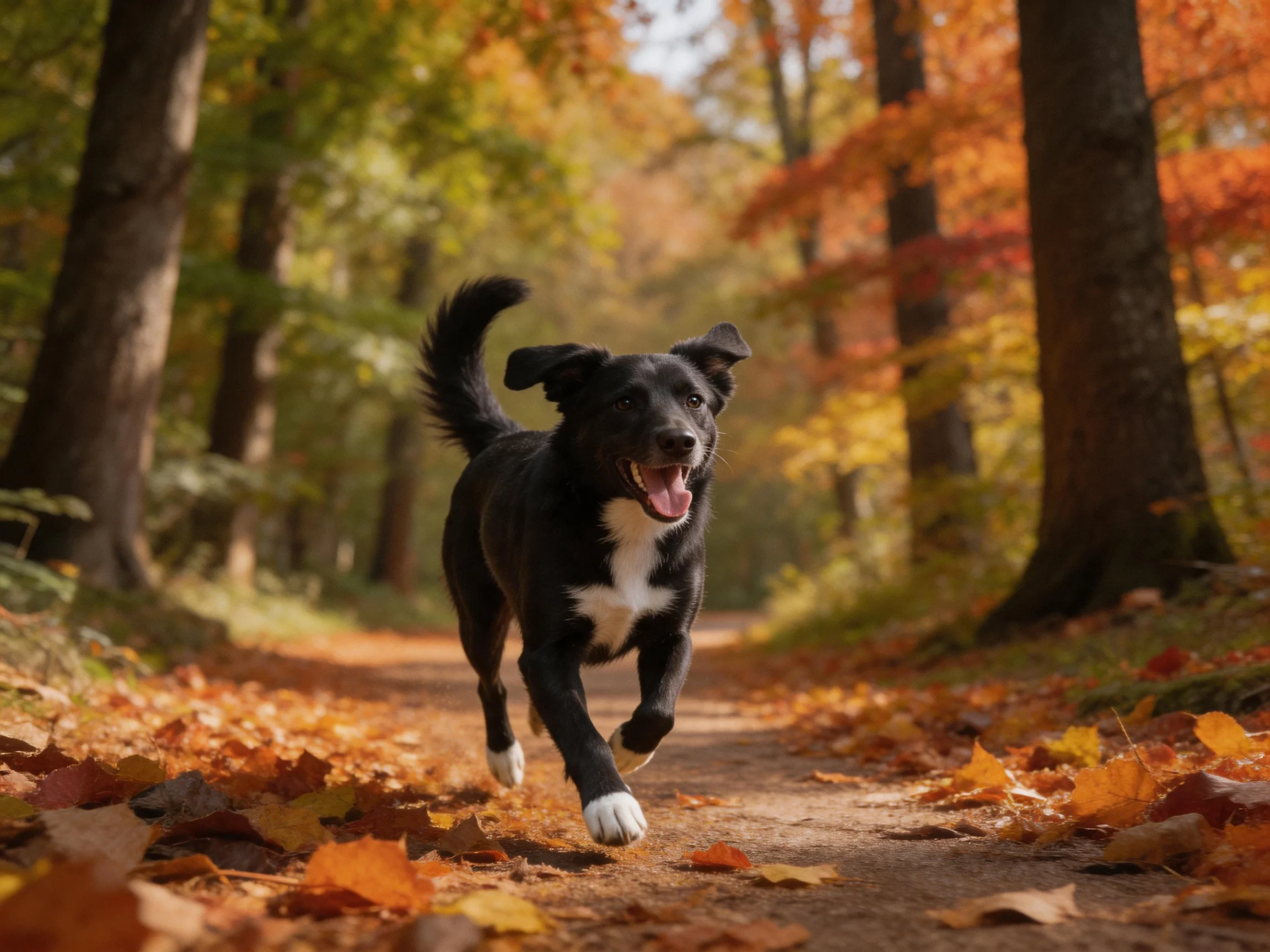 A black and white dog joyfully runs along a leaf-strewn forest path surrounded by tall trees.