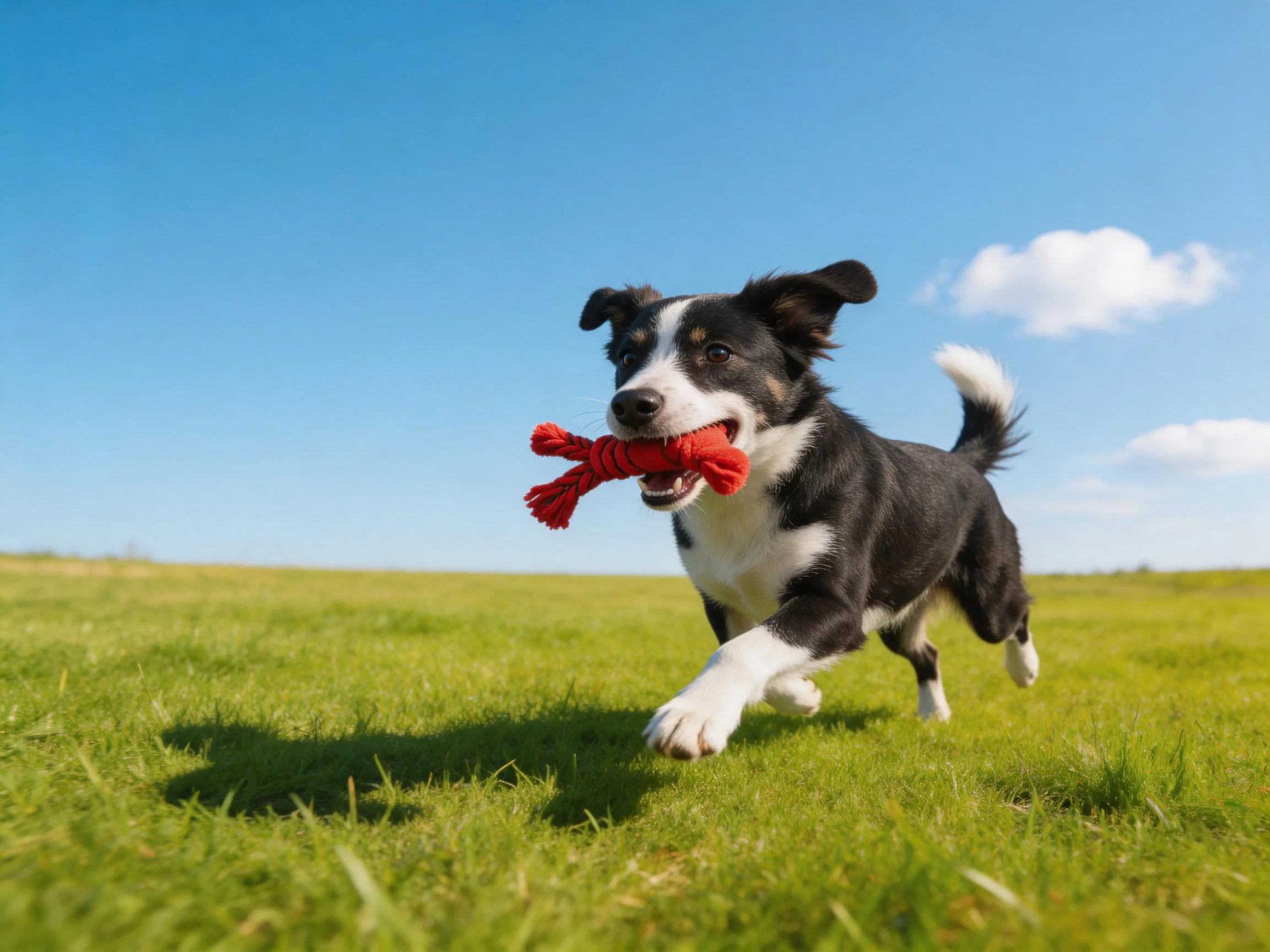 A black and white dog runs with a red rope toy on green grass.