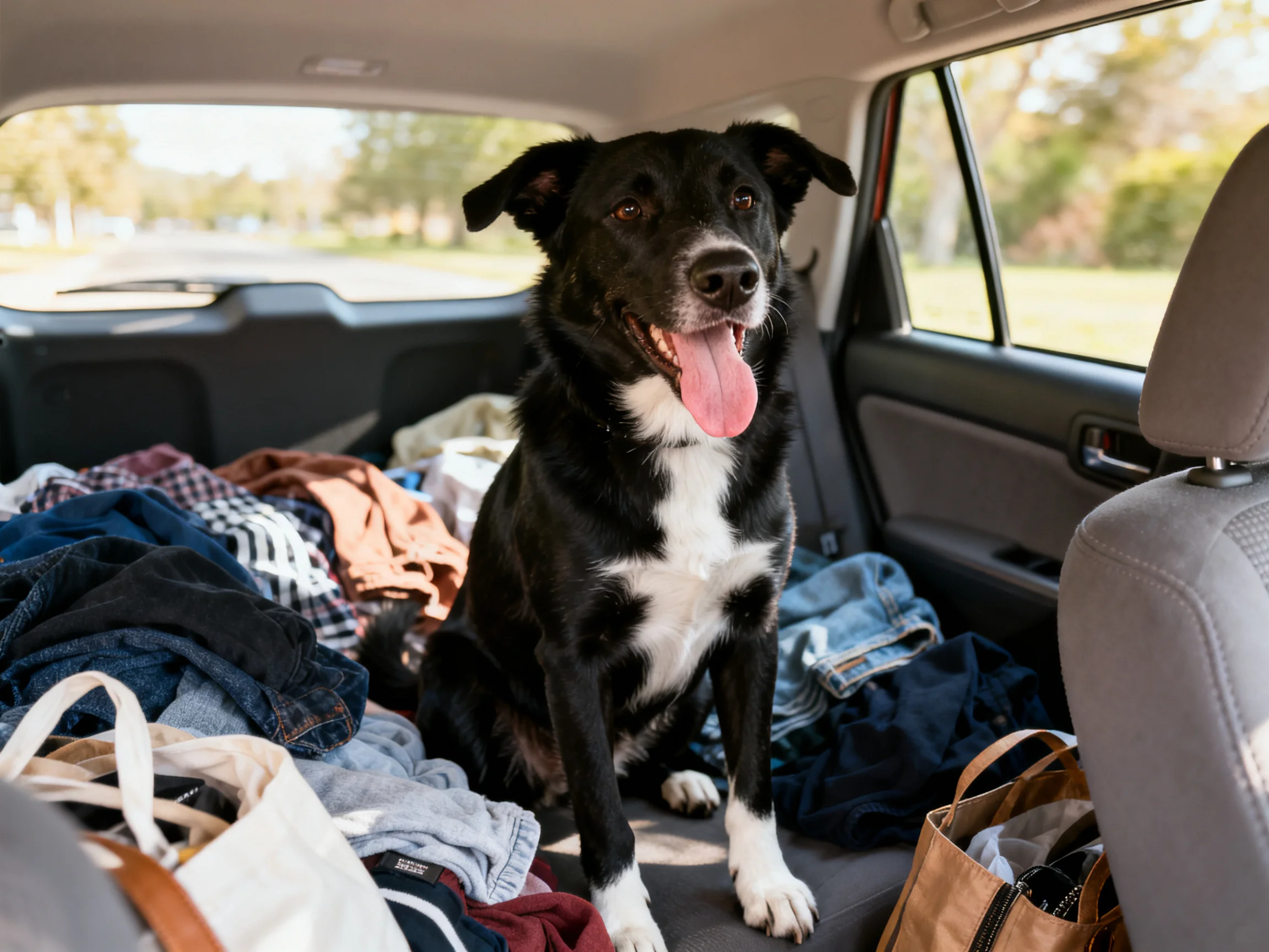 A dog sits among various clothing items in the back of a car.