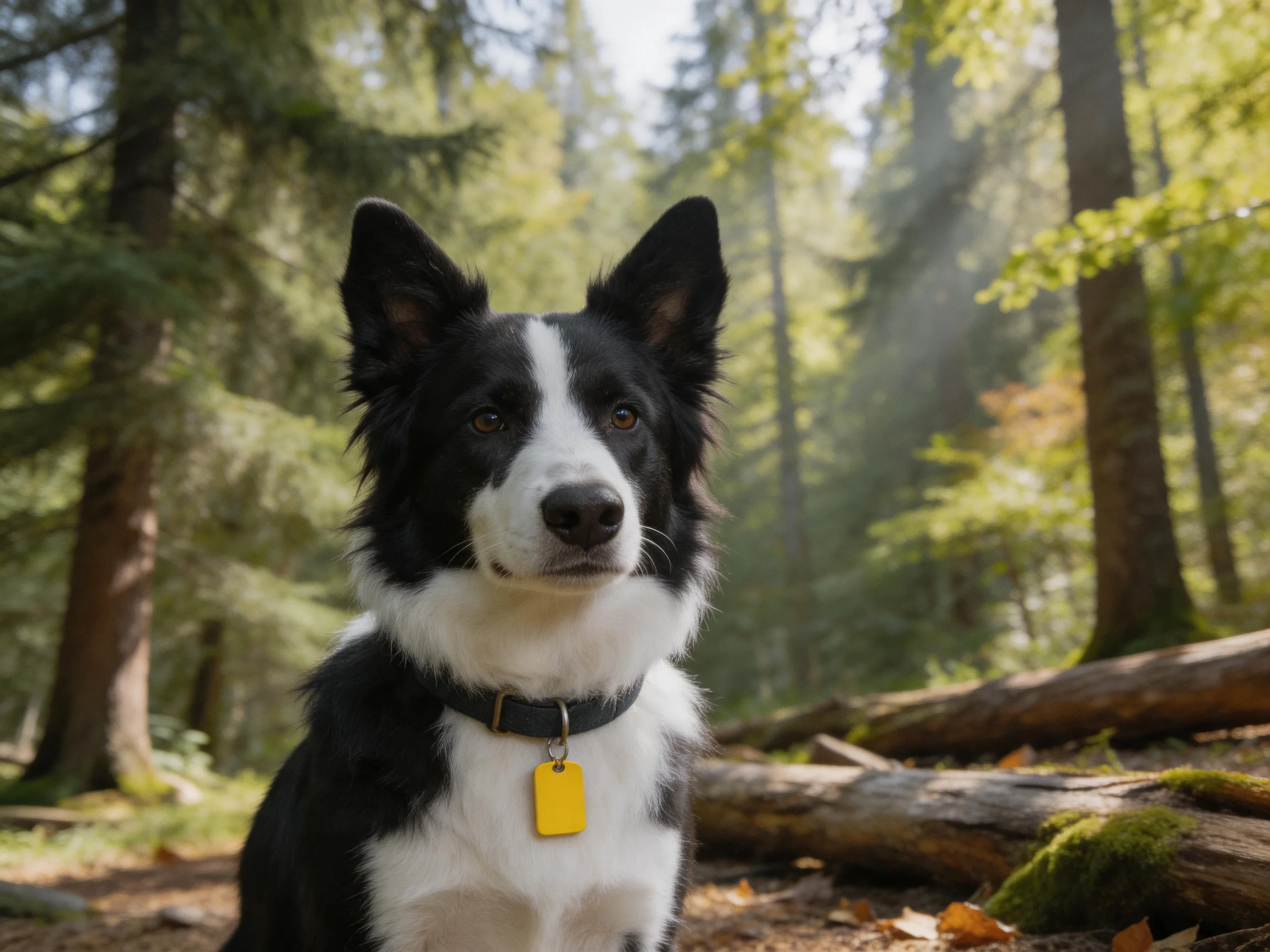 A black and white dog sits calmly in a sunlit forest setting.